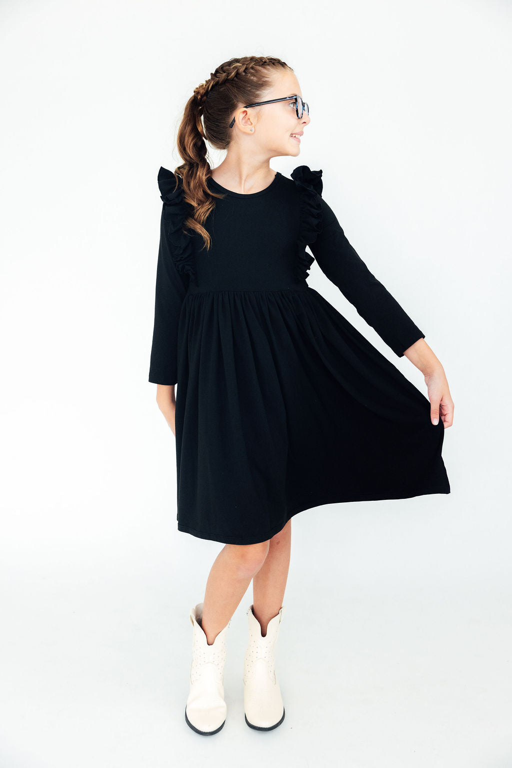 Black L/S Ruffle Twirl Dress - Bexa Boutique