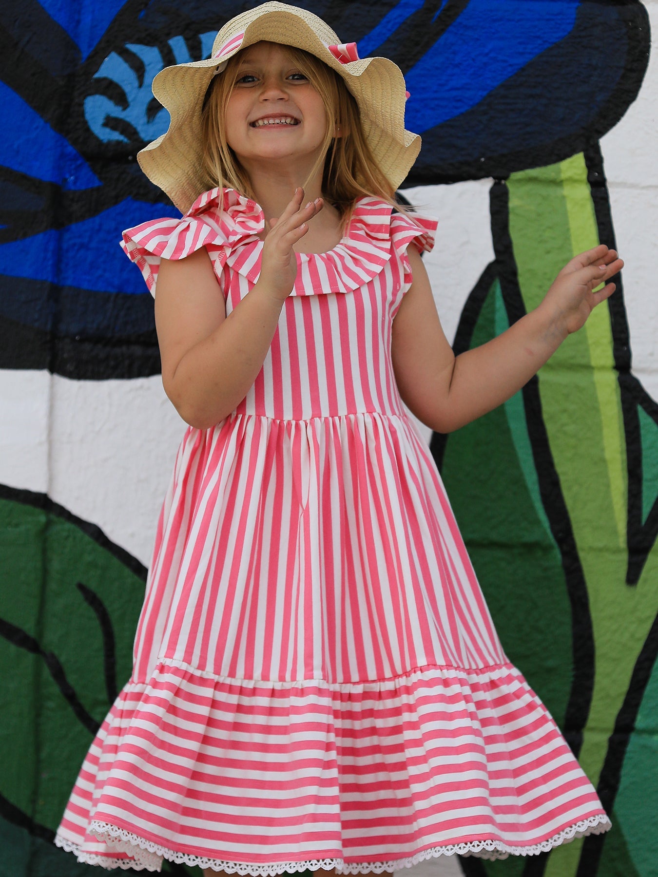 Spring Pink Striped Ruffled Girls' Dress with Hat - Bexa Boutique