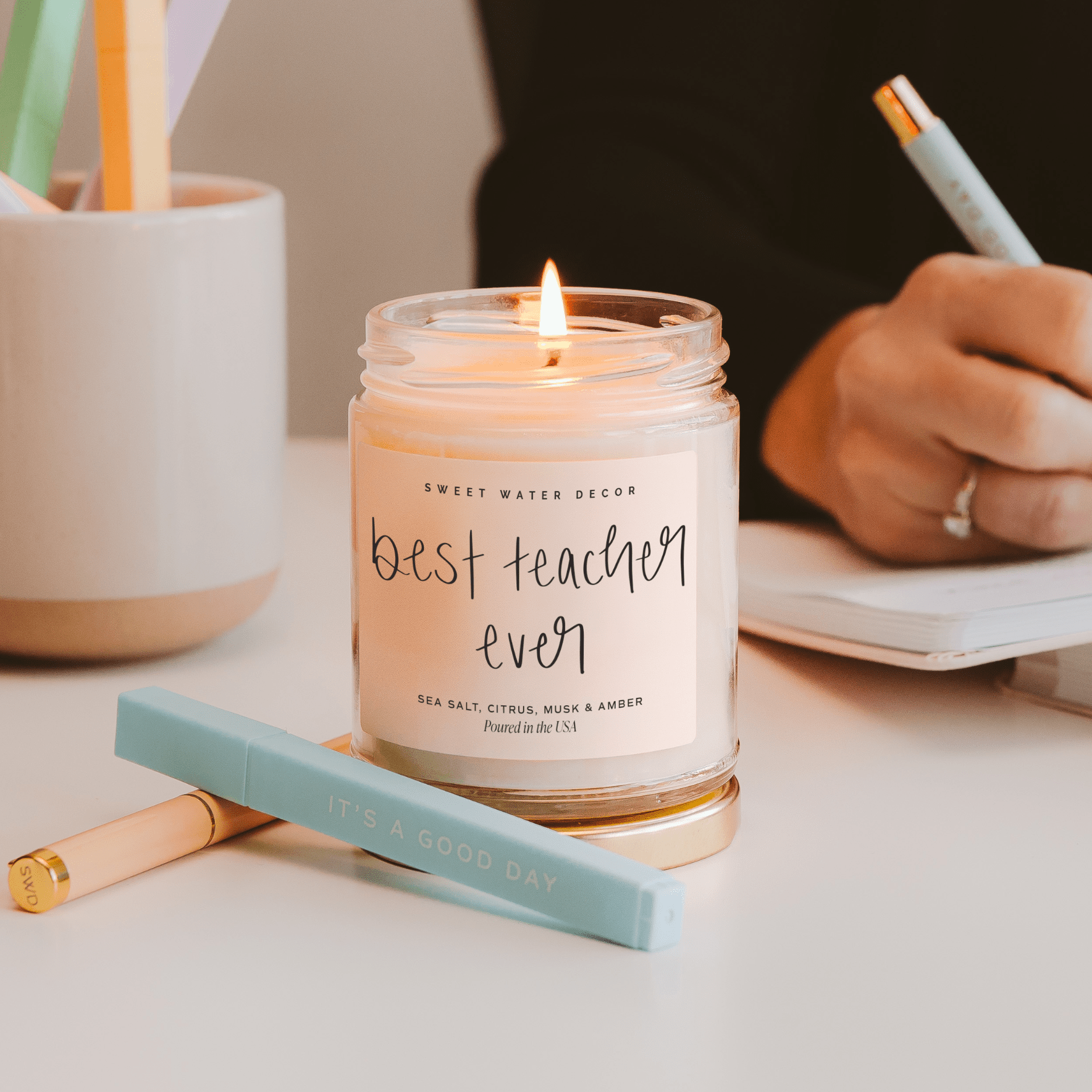 Best Teacher Ever Soy Candle - Clear Jar - 9 oz (Salt and Sea) - Bexa Boutique