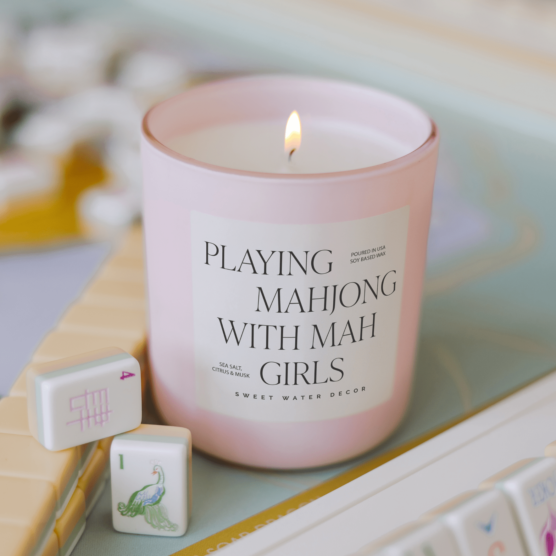Playing Mahjong with Mah Girls Soy Candle - Pink Matte Jar - 15 oz (Salt and Sea) - Bexa Boutique
