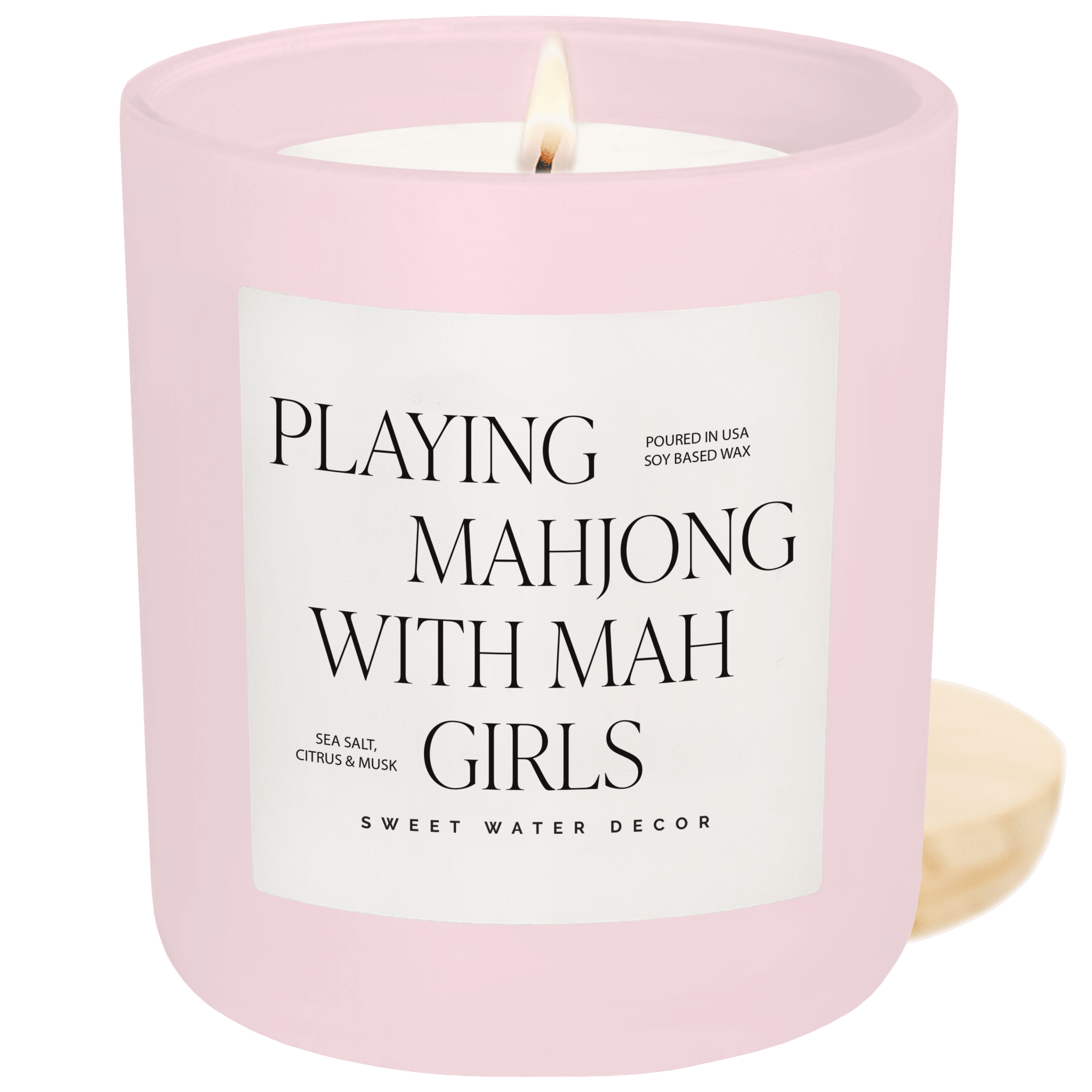 Playing Mahjong with Mah Girls Soy Candle - Pink Matte Jar - 15 oz (Salt and Sea) - Bexa Boutique