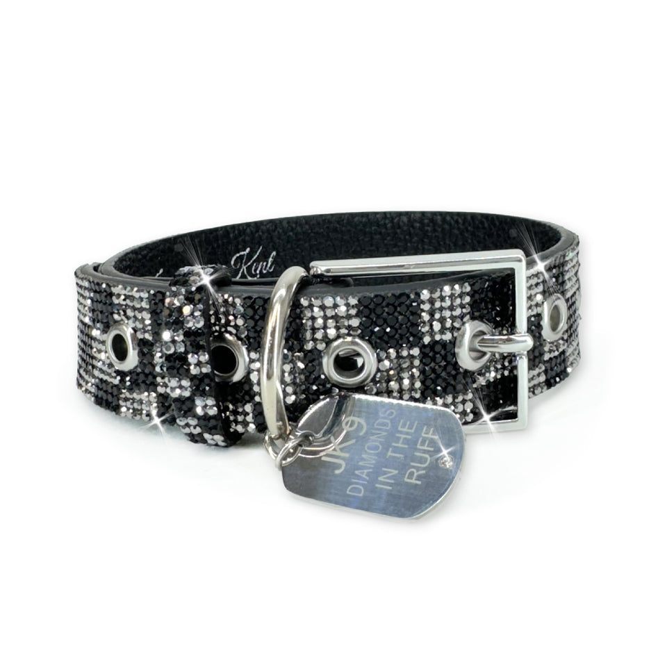 Diamonds in the Ruff Checkmate Light Crystal Dog Collar - gray; silver; black - Bexa Boutique