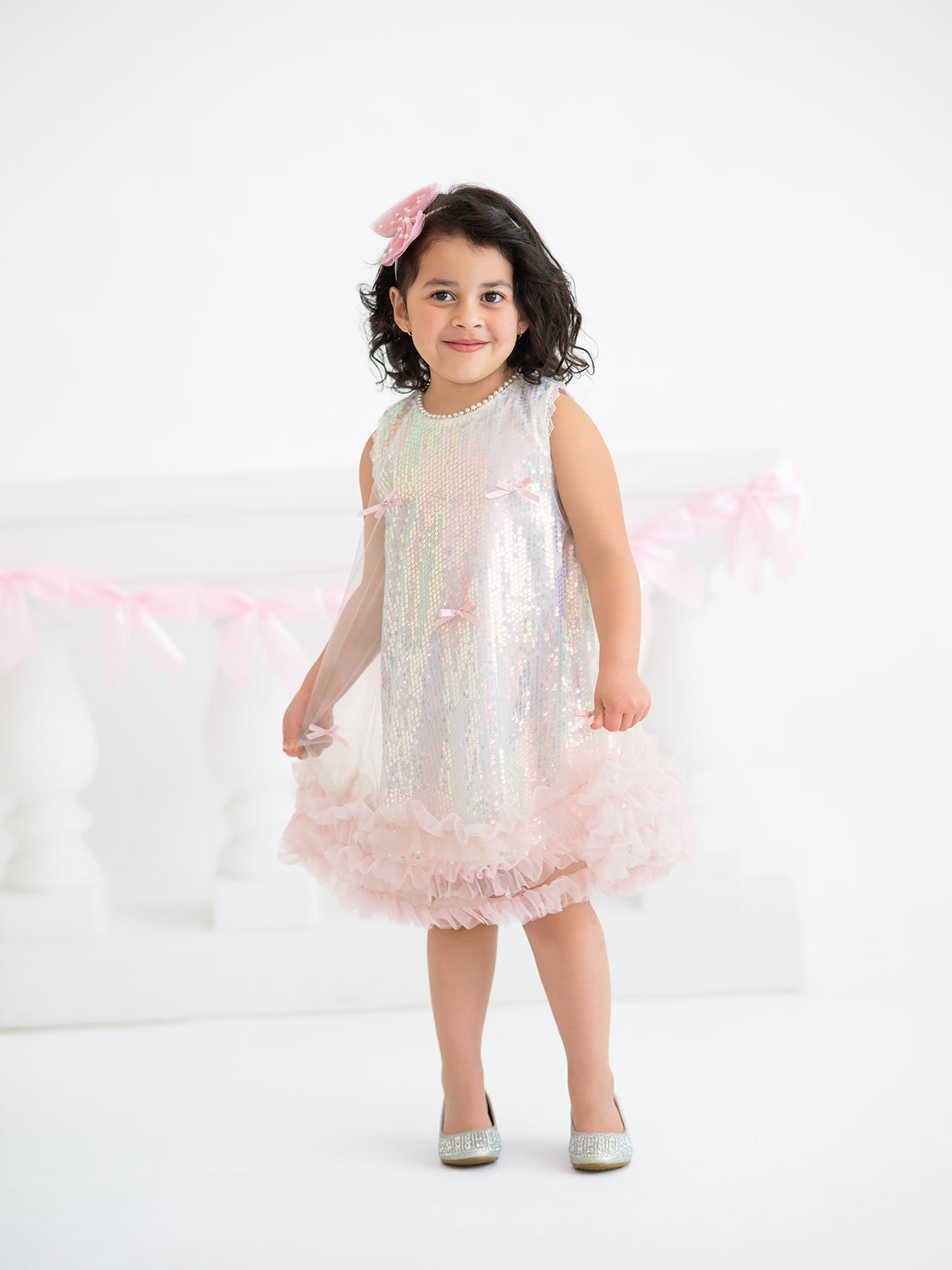 Iridescent Sequin Bow Ruffle Tulle Girls Dress - Bexa Boutique