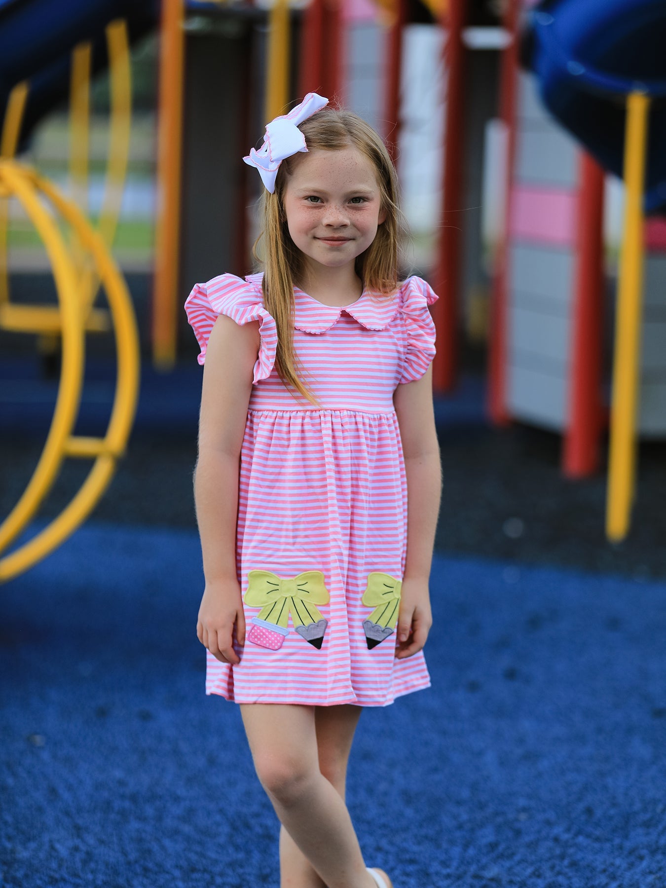 Girls Back To School Bow Pencil Twirl Dress Ruffle Petal Collar Applique - Bexa Boutique