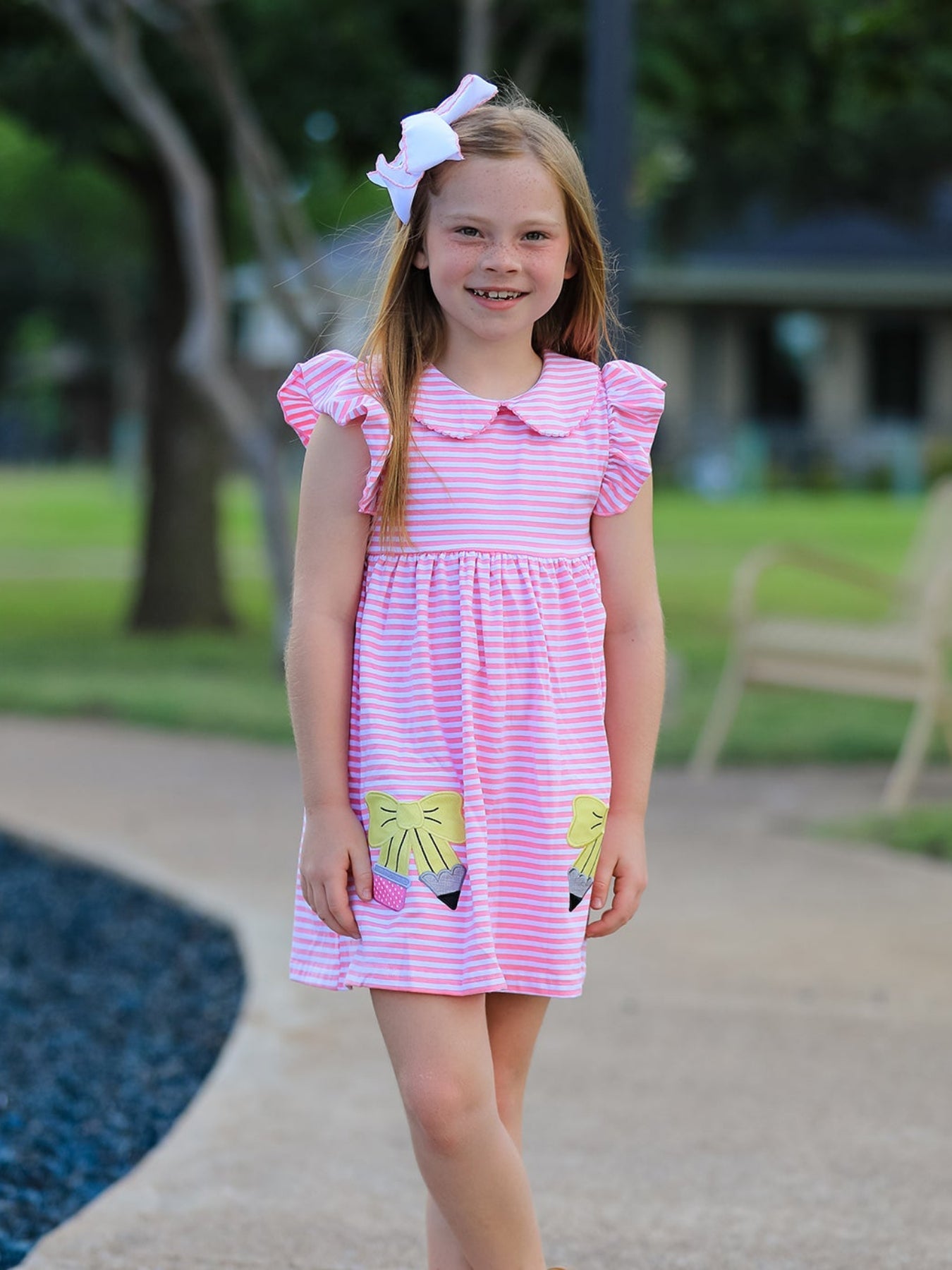 Girls Back To School Bow Pencil Twirl Dress Ruffle Petal Collar Applique - Bexa Boutique