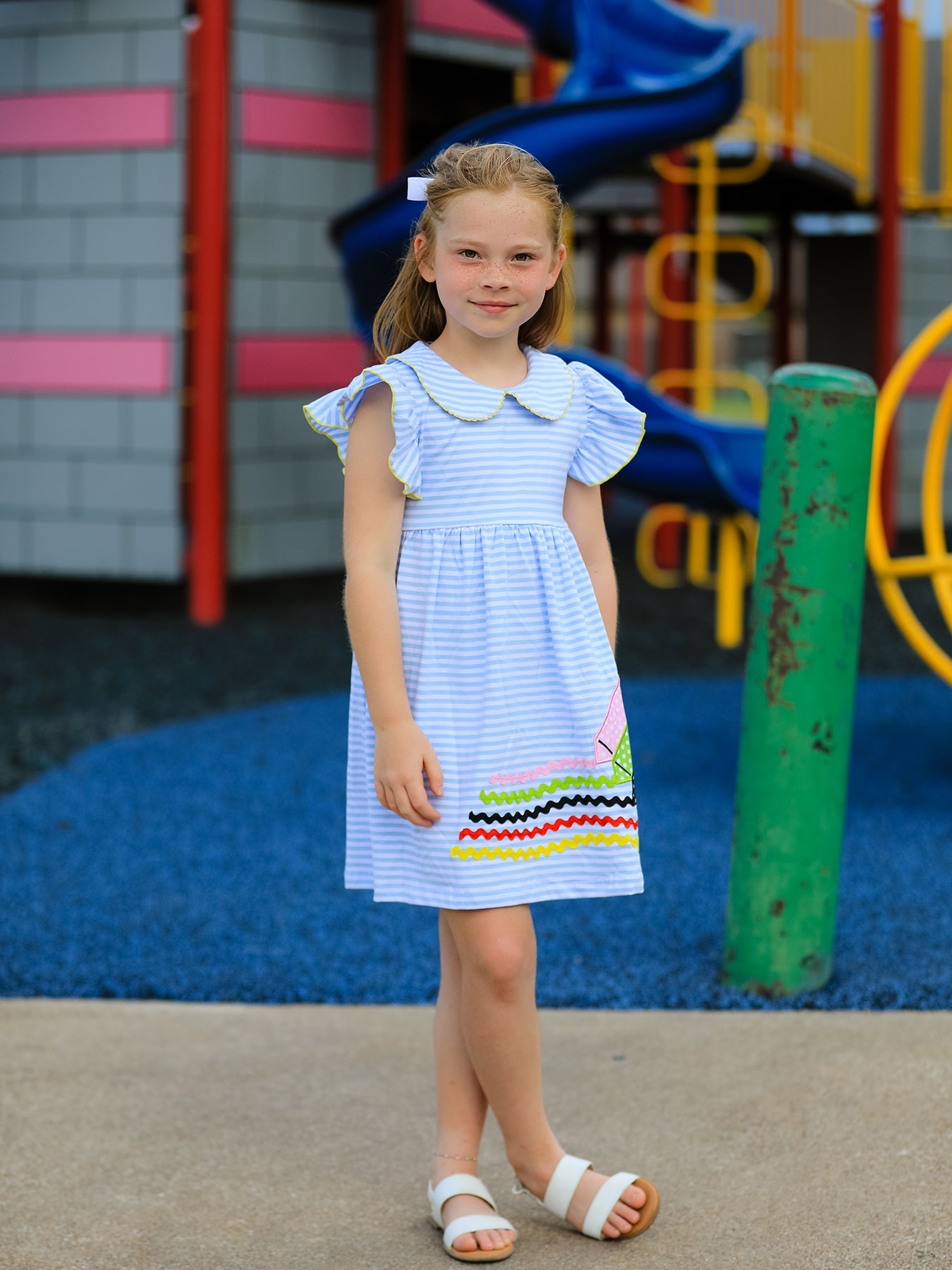 Girls Back To School Crayon Dress Ruffle Petal Collar Applique - Bexa Boutique