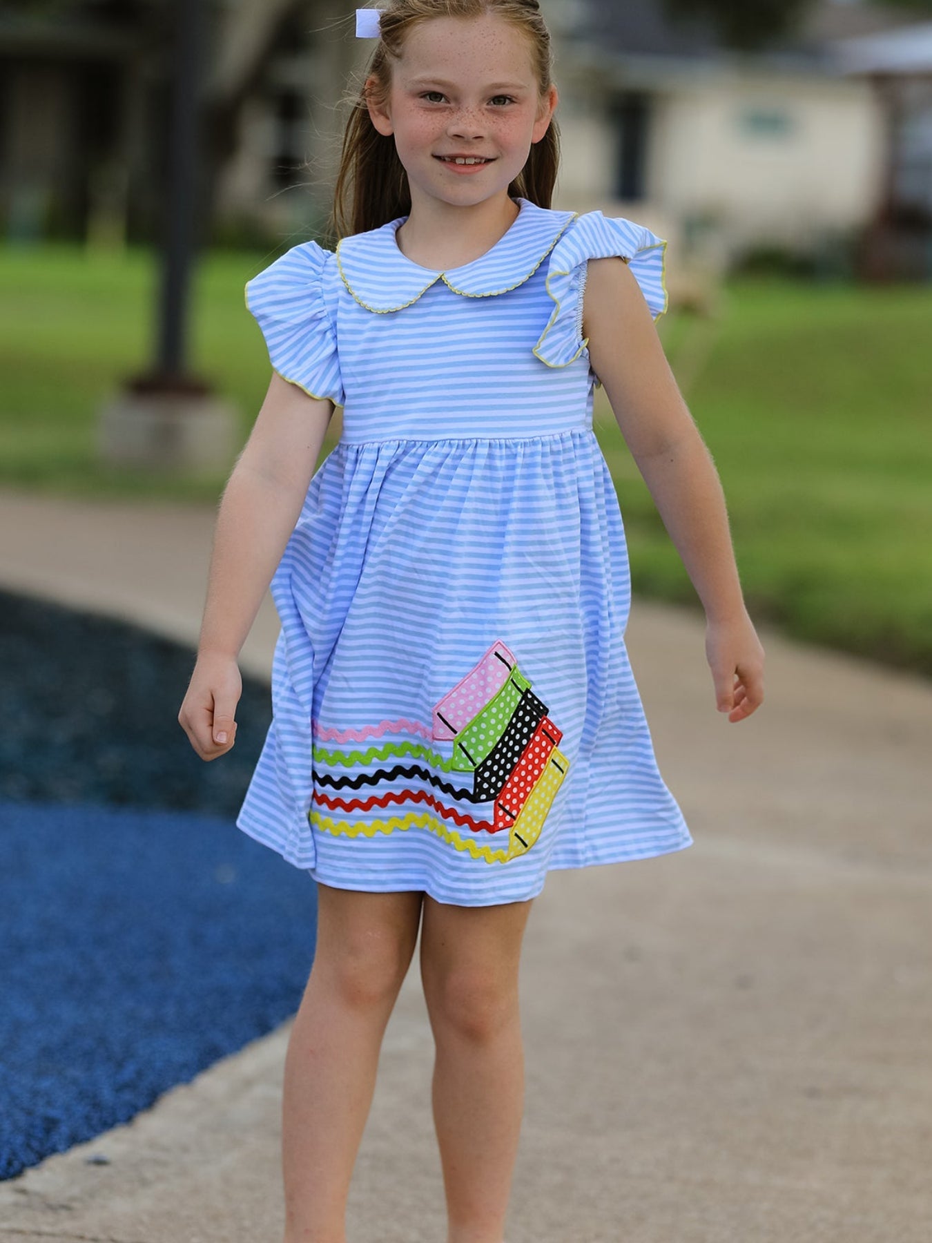 Girls Back To School Crayon Dress Ruffle Petal Collar Applique - Bexa Boutique