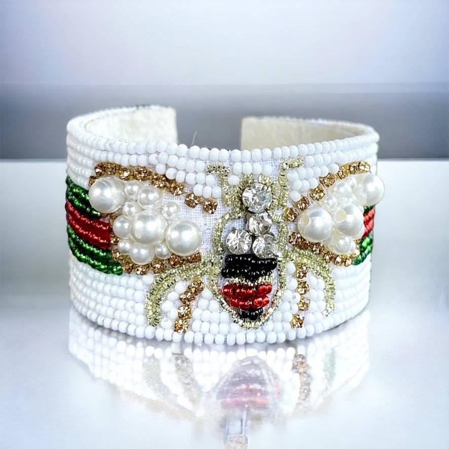 Pearl & Rhinestone Bee Cuff Bracelet - White - Bexa Boutique