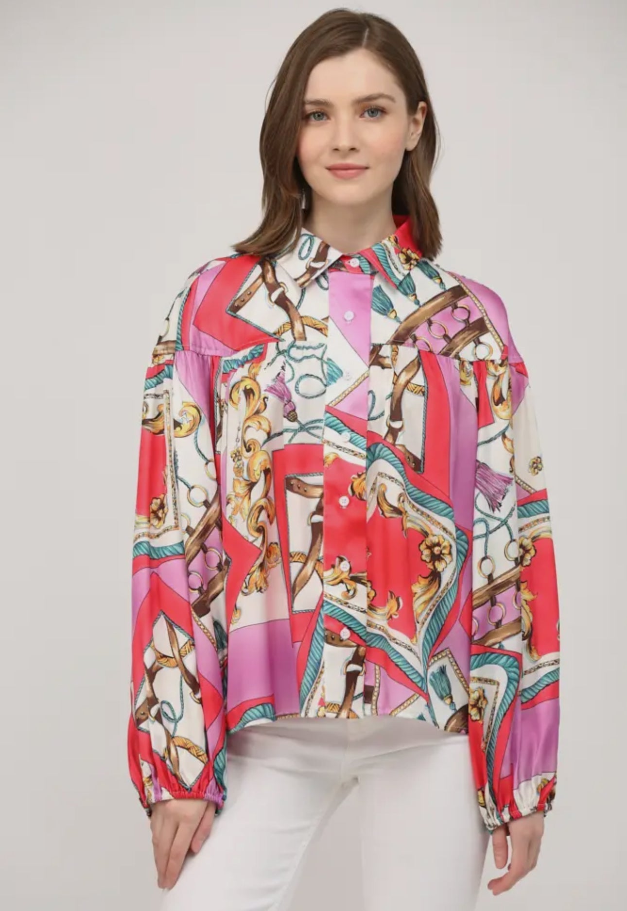 Fate Chain & Horsebit Print Button Down Blouse - multicolor - Bexa Boutique