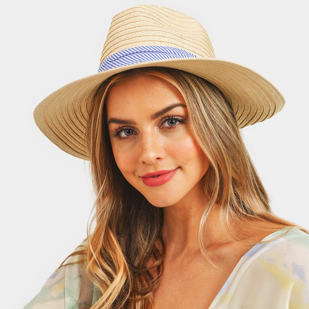 Stripe Bow Straw Sun Hat - Cream Hat w/Blue hat band - Bexa Boutique