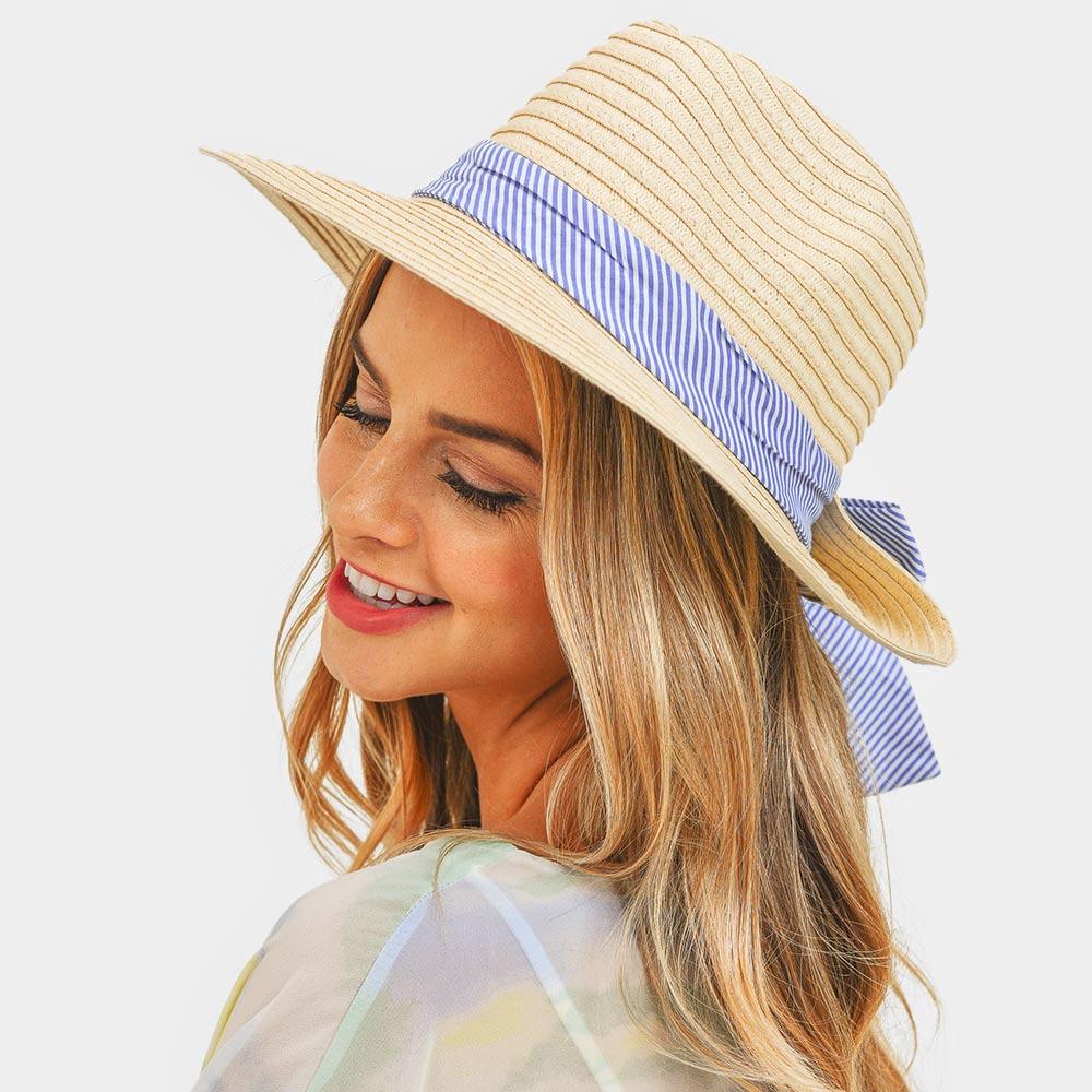 Stripe Bow Straw Sun Hat - Cream Hat w/Blue hat band - Bexa Boutique