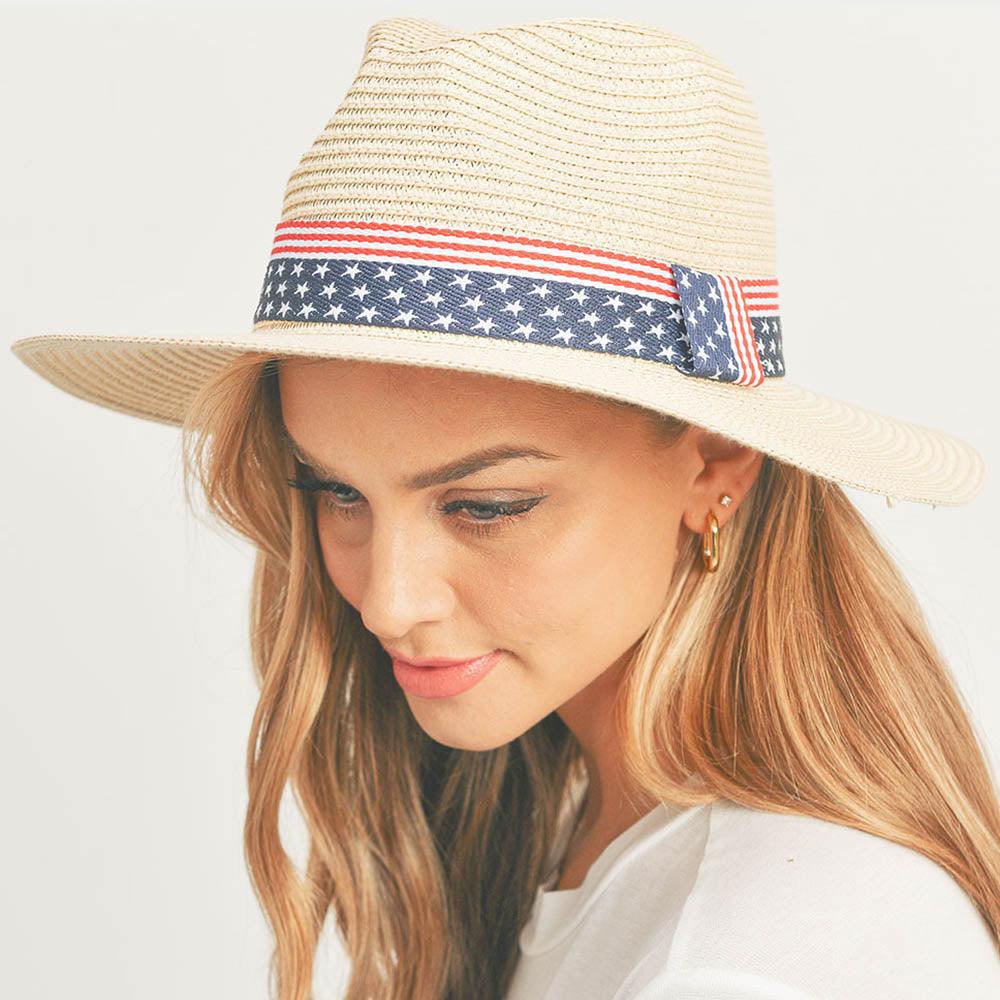 USA Flag Band Panama Straw Sun Hat - Cream - Bexa Boutique