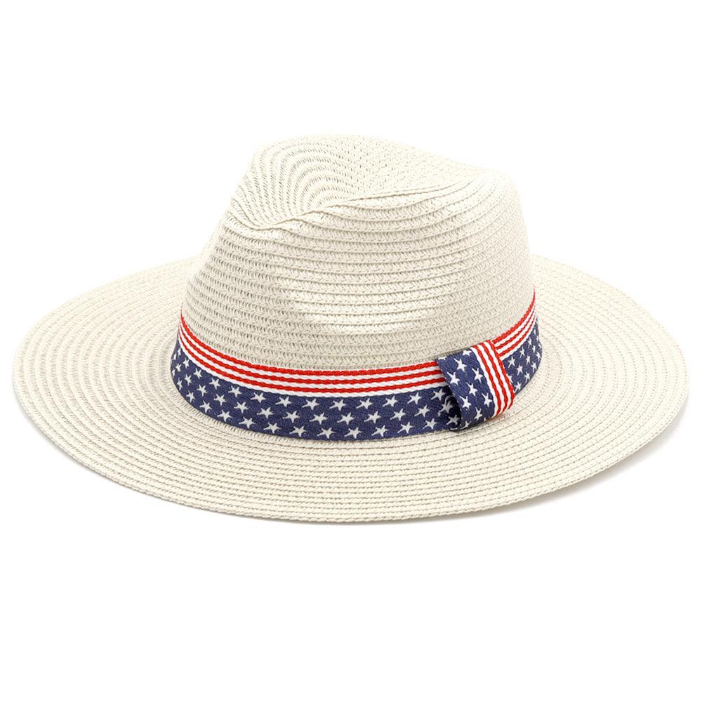 USA Flag Band Panama Straw Sun Hat - Cream - Bexa Boutique