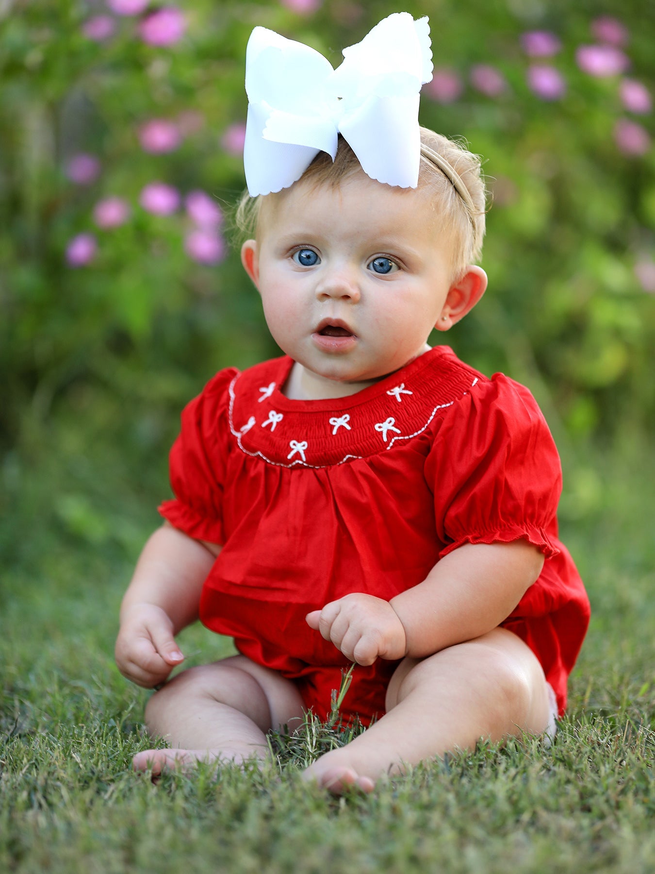Girls Bow Smocking Embroidered Red Romper - Bexa Boutique