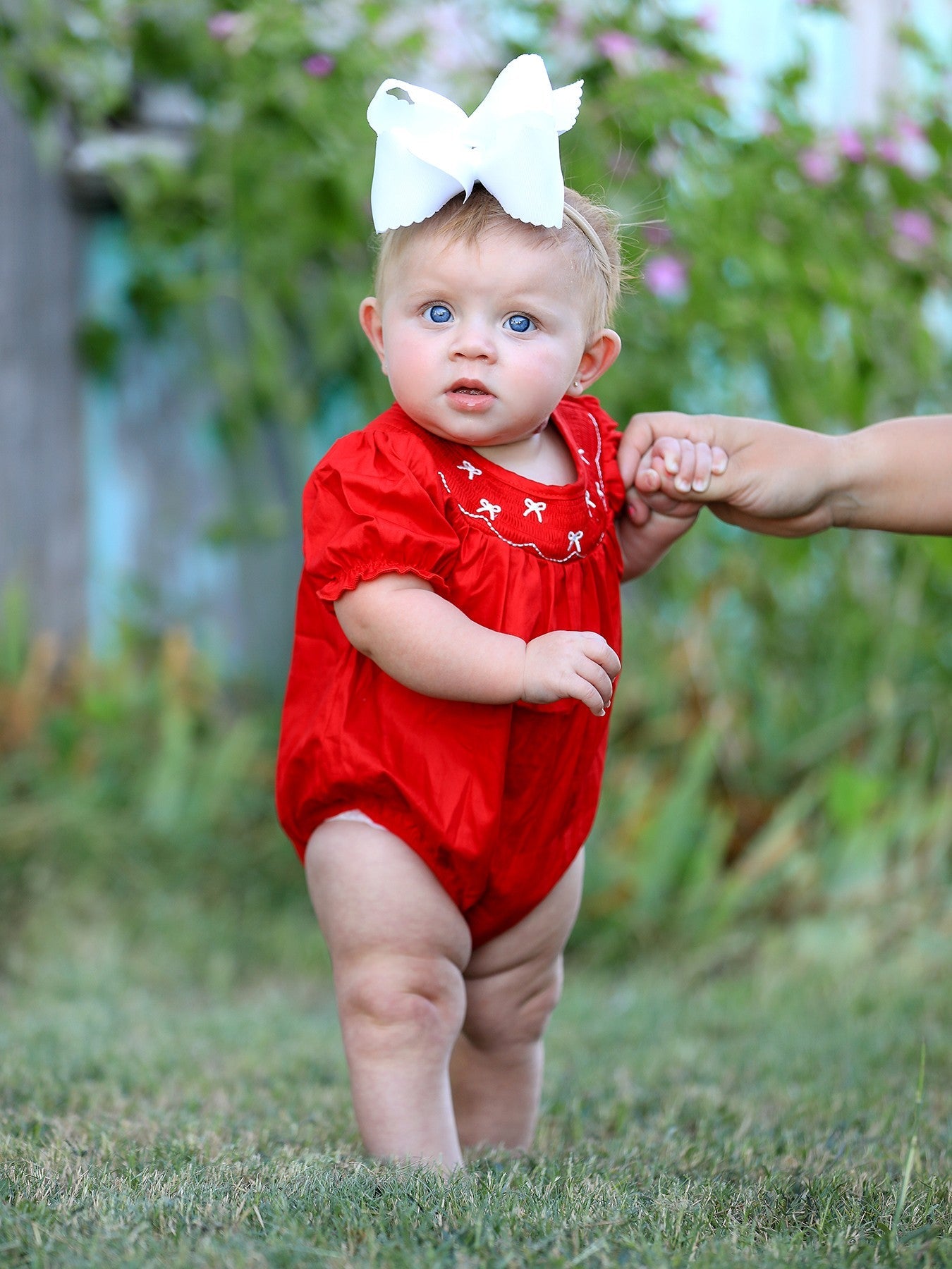 Girls Bow Smocking Embroidered Red Romper - Bexa Boutique