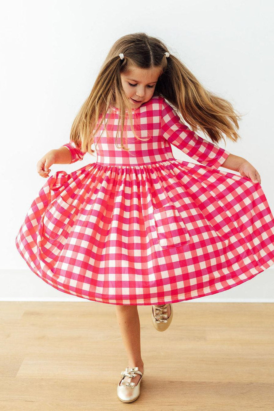Hot Pink Gingham 3/4 Sleeve Pocket Twirl Dress - Bexa Boutique