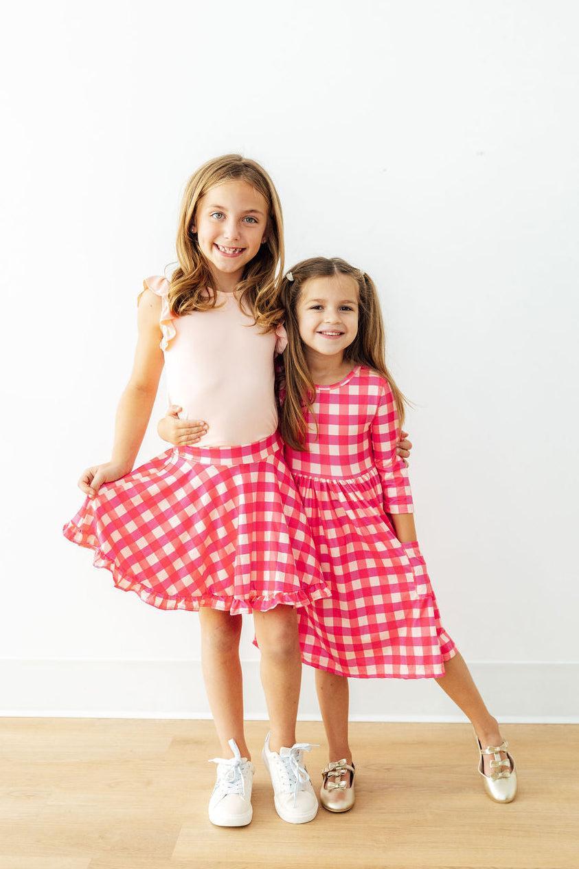 Hot Pink Gingham 3/4 Sleeve Pocket Twirl Dress - Bexa Boutique