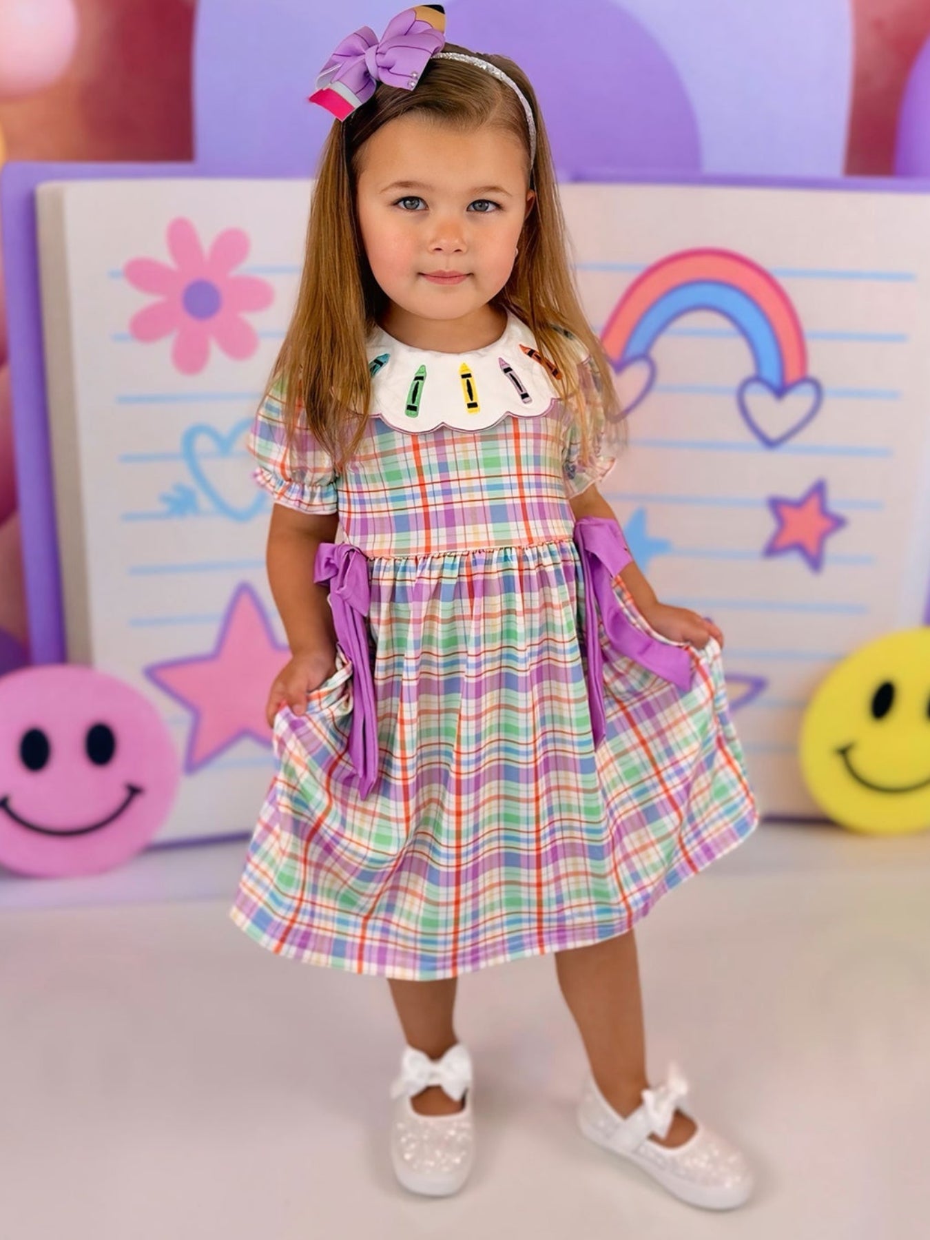 Back To School Plaid Crayon Embroidery Girls Dress Bow Puff Sleeve - Bexa Boutique