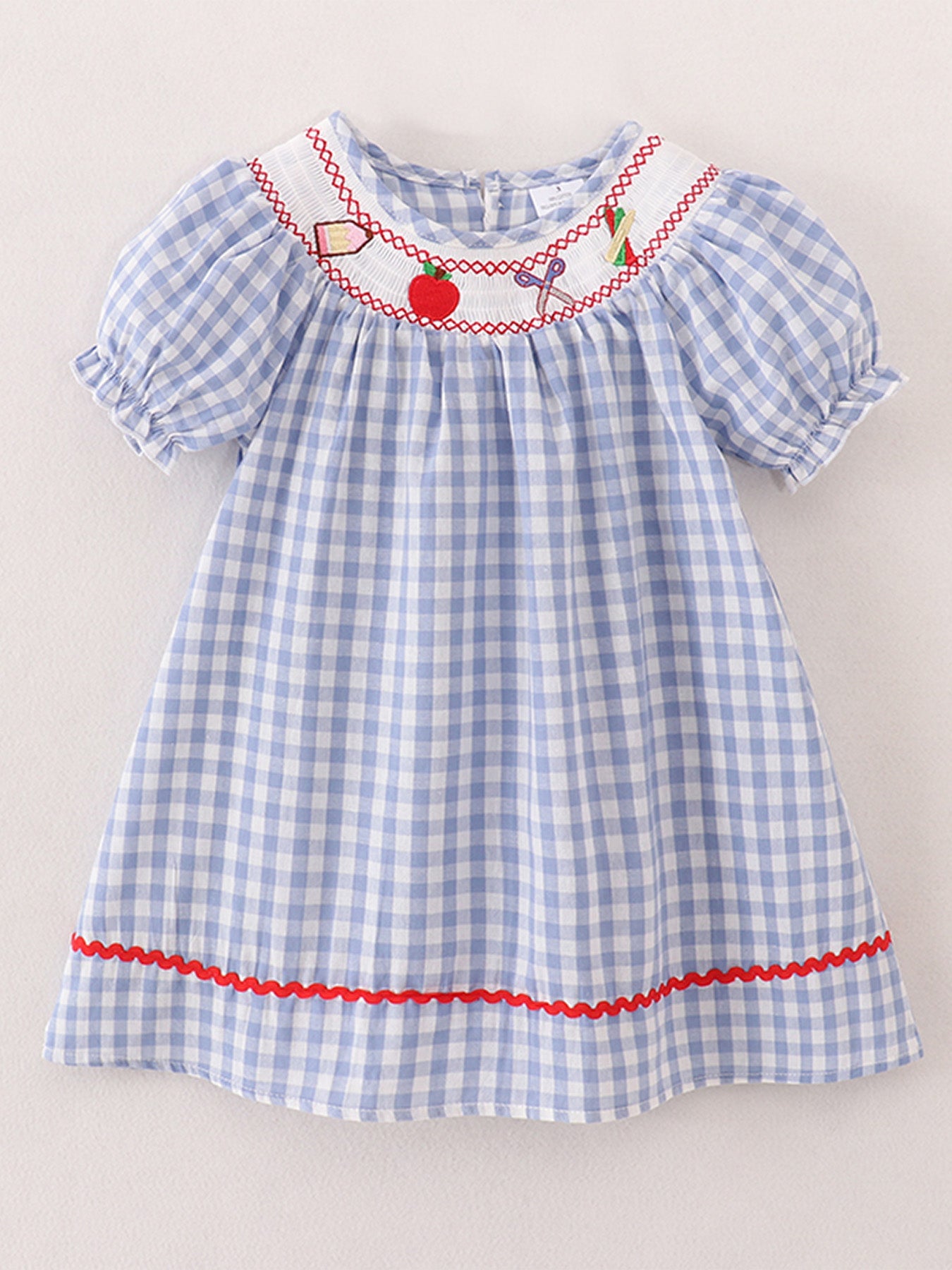 Girls Back to School Smocking Pencil Apple Embroidered Plaid Dress - Bexa Boutique