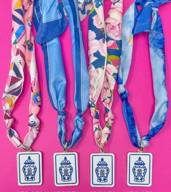Mahjong Scarf Necklaces - Ginger Jar - #1 Pink and Blue Retro Scarf - Bexa Boutique