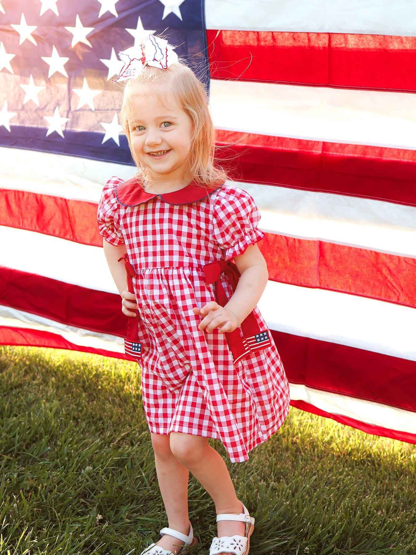4th of July Flag Plaid Girl Peter Pan Collar Dress Bow - Bexa Boutique