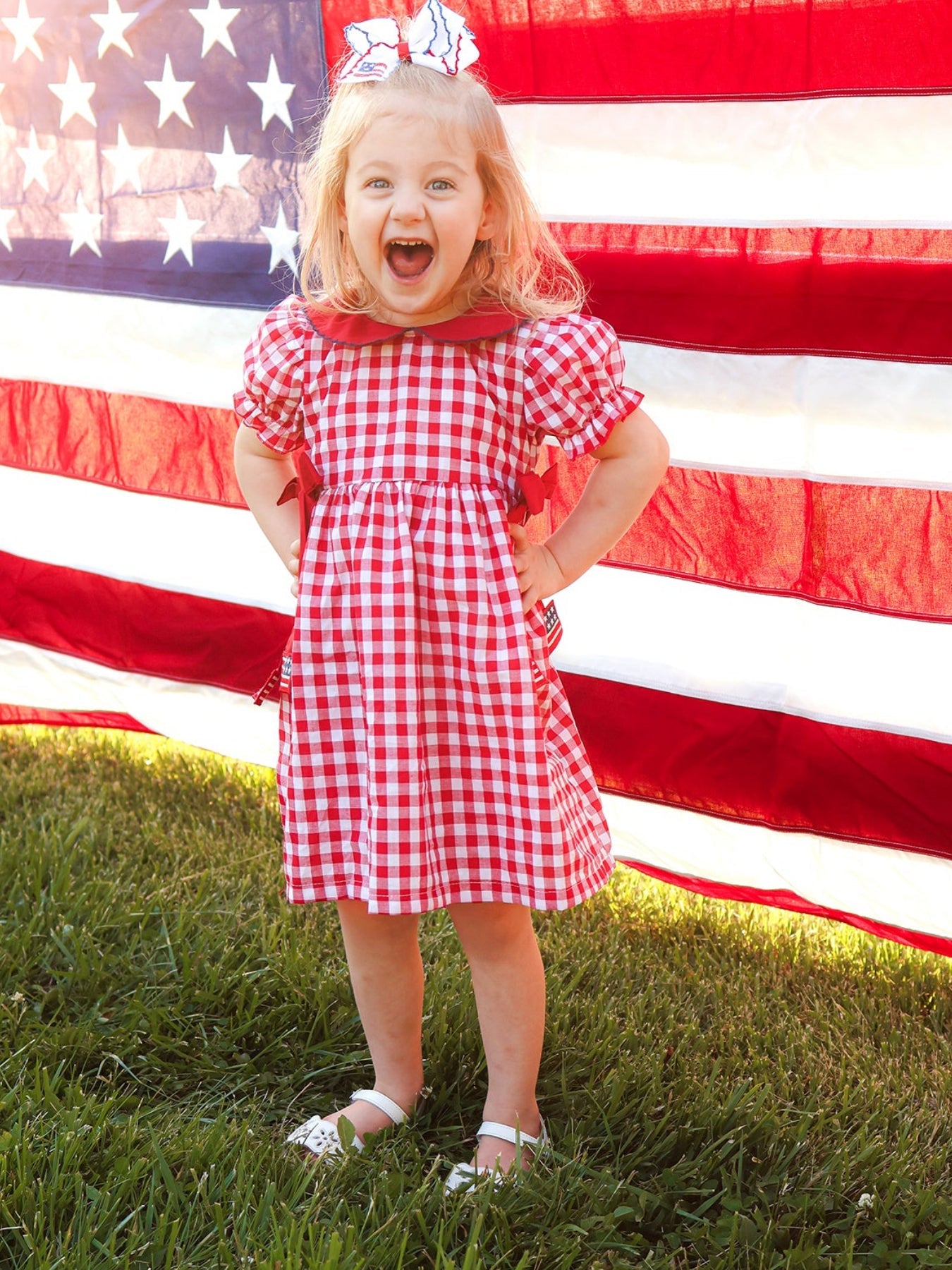 4th of July Flag Plaid Girl Peter Pan Collar Dress Bow - Bexa Boutique