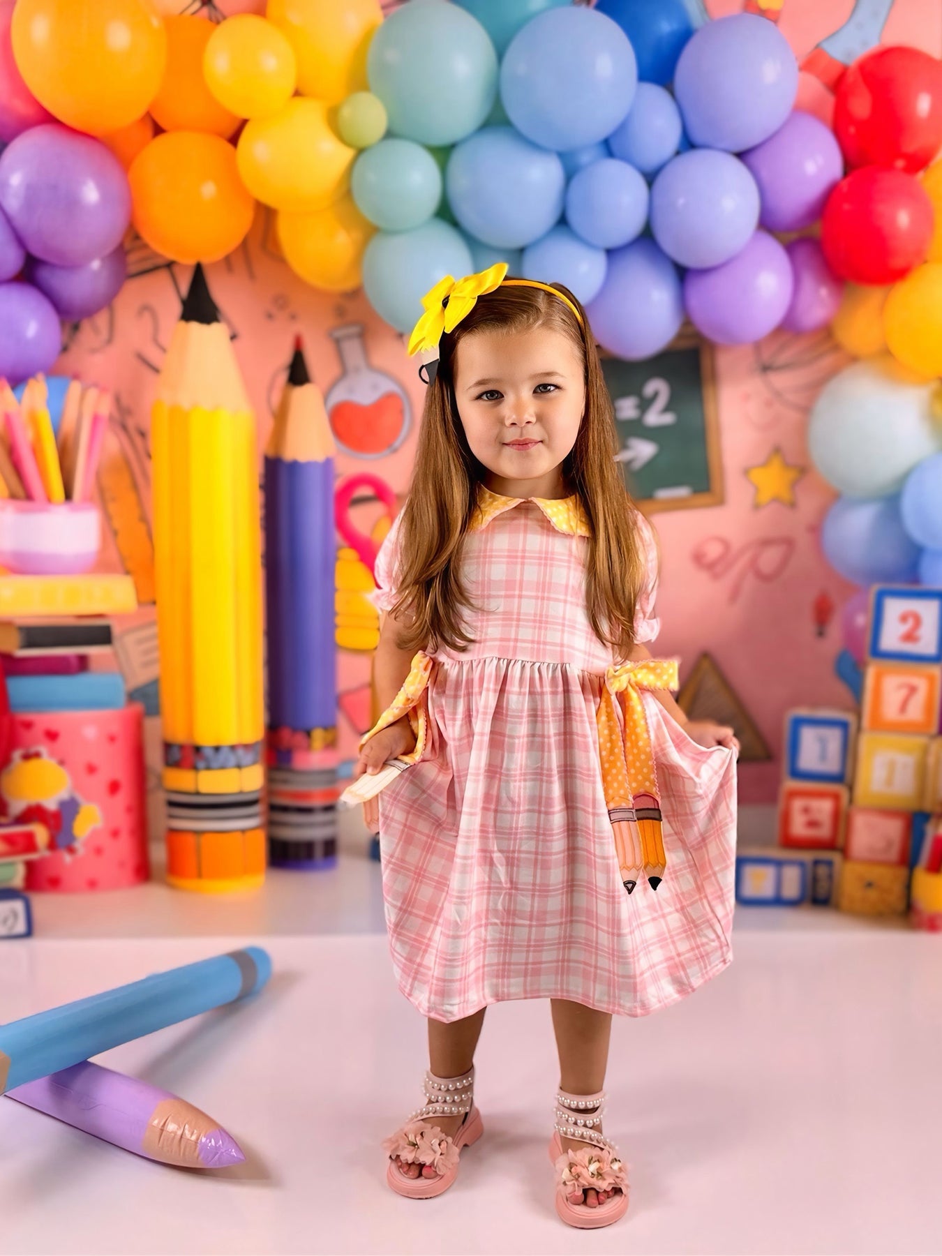 Girls Back To School Pencil Plaid Twirl Dress Bow Petals Collar - Bexa Boutique
