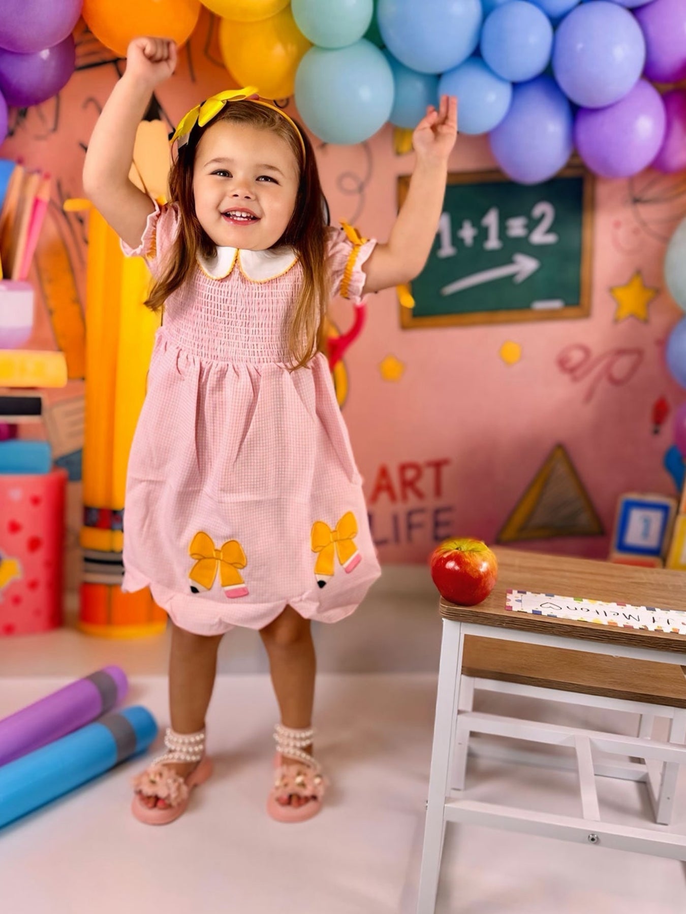 Girls Back To School Pencil Twirl Dress Bow Applique Smocked - Bexa Boutique