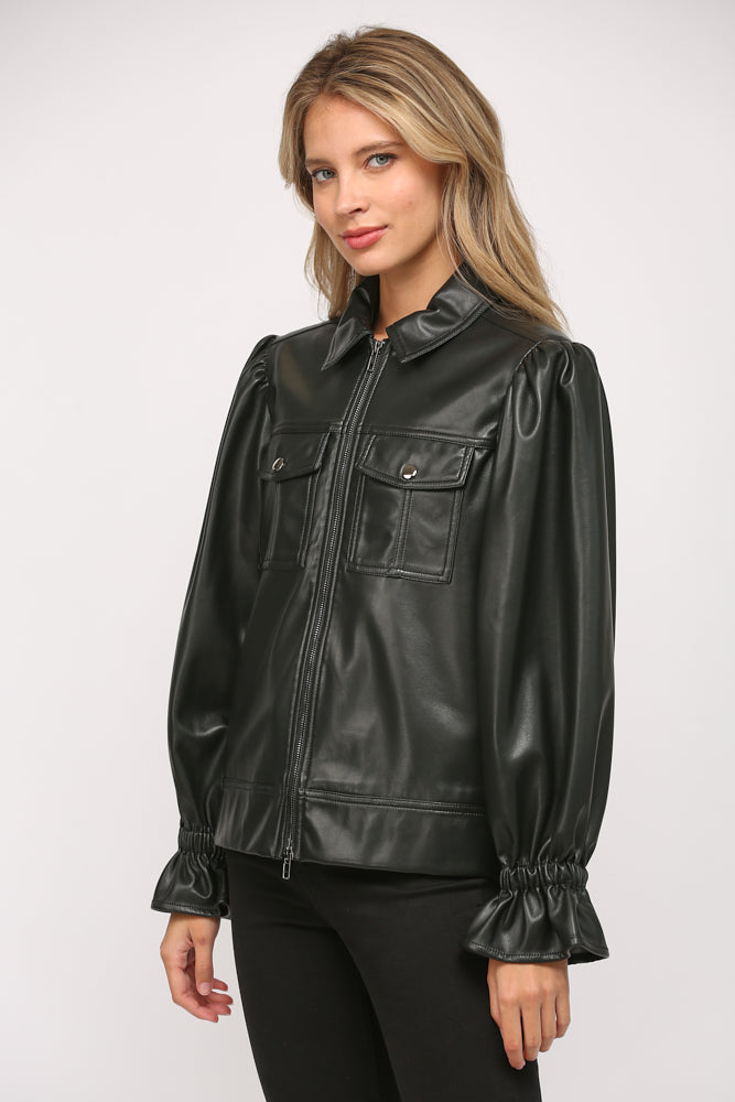 Puff Sleeve Faux Leather Jacket