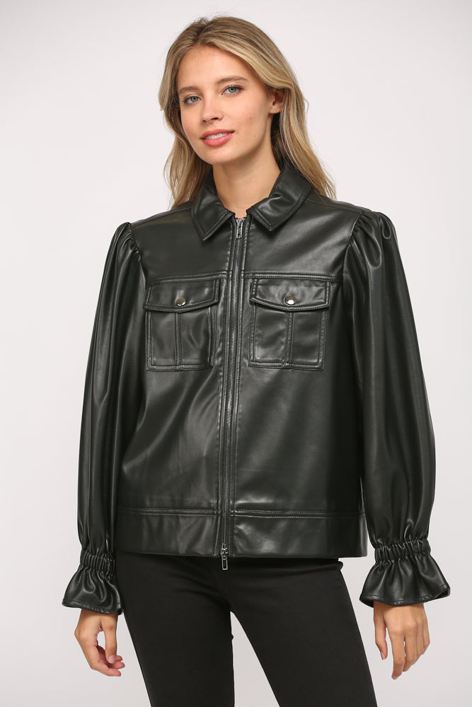 Puff Sleeve Faux Leather Jacket