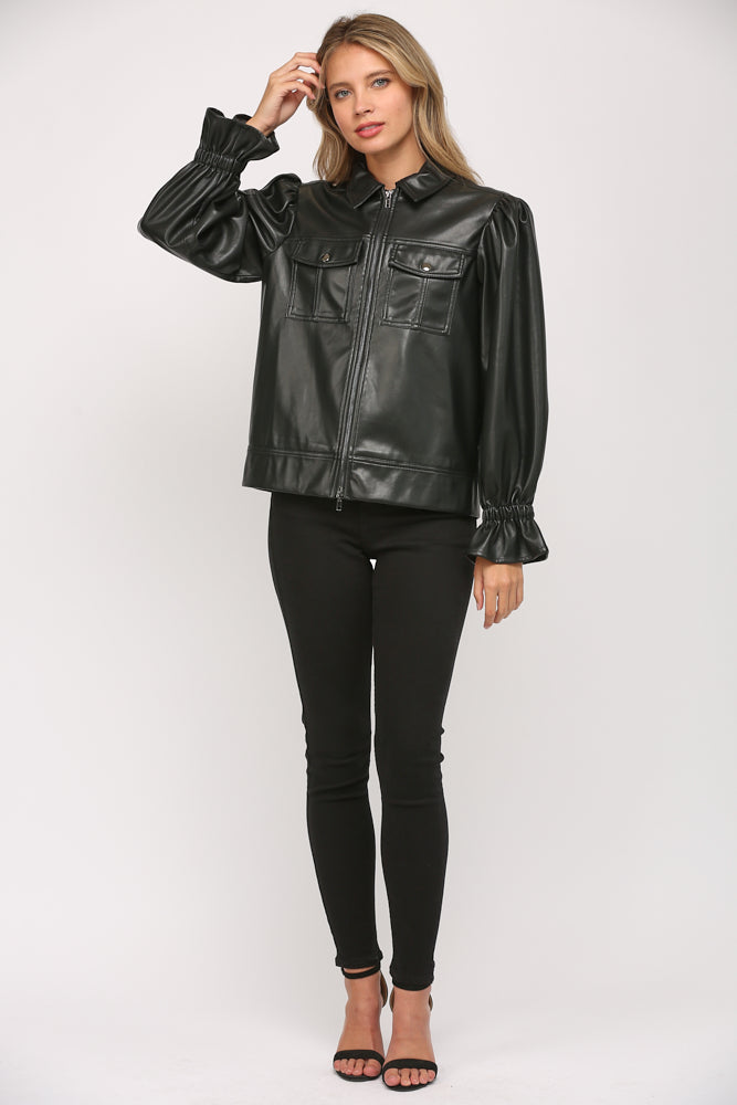 Puff Sleeve Faux Leather Jacket