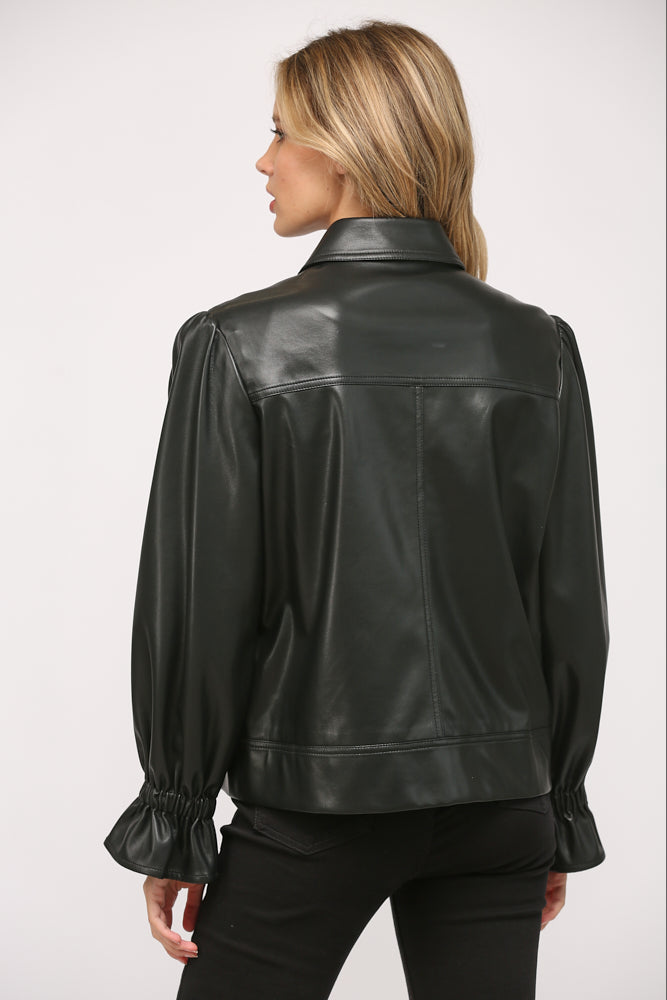 Black puff sleeve leather jacket online