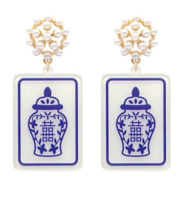 Mahjong Earrings - Blue and White Ginger Jar - Bexa Boutique
