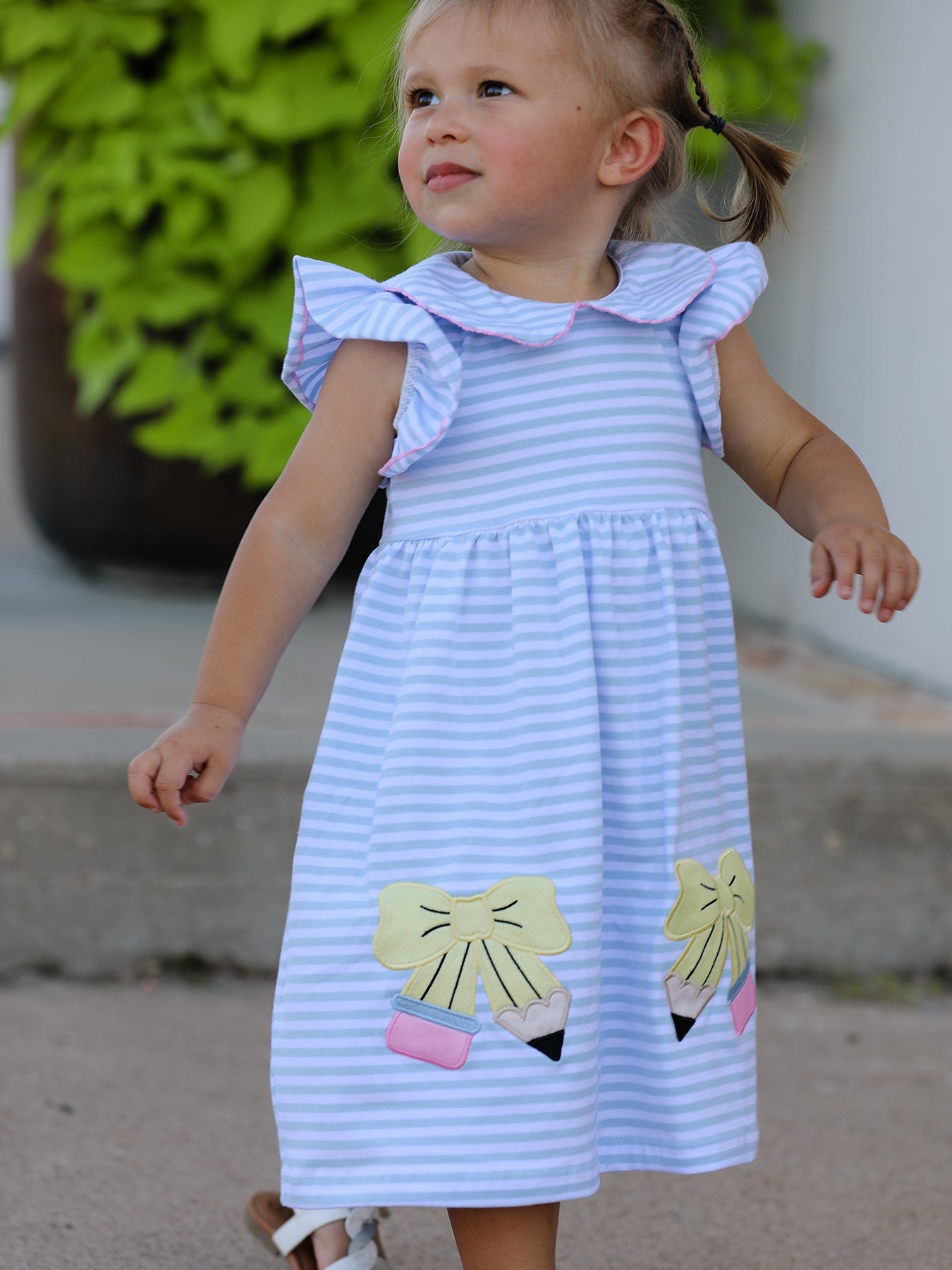 Back To School Girls Stripe Pencil Applique Bow Dress - Bexa Boutique