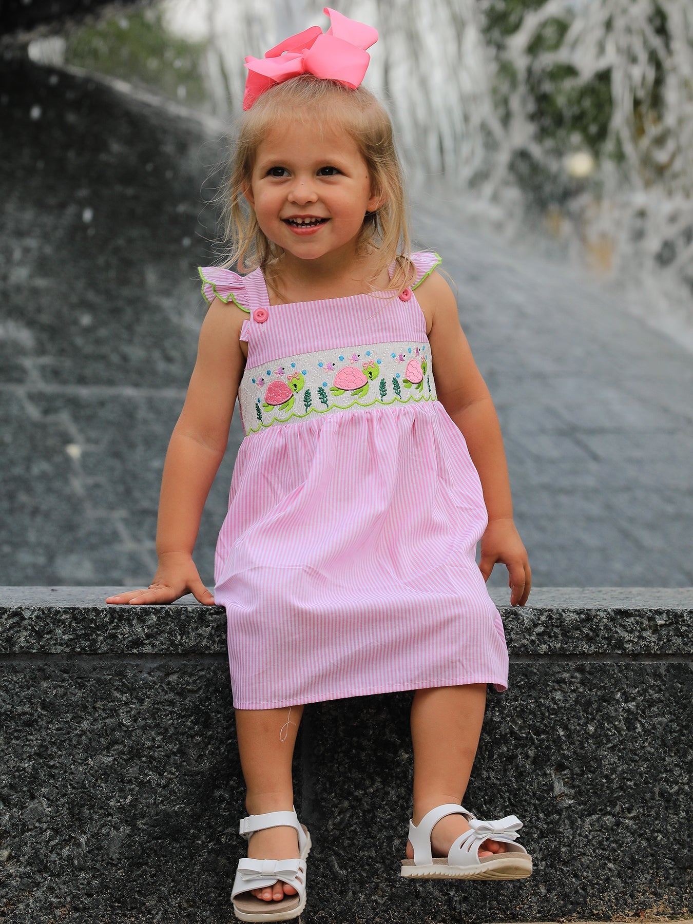 Turtle Girls Dress Pink Stripe Ruffle Strap - Bexa Boutique