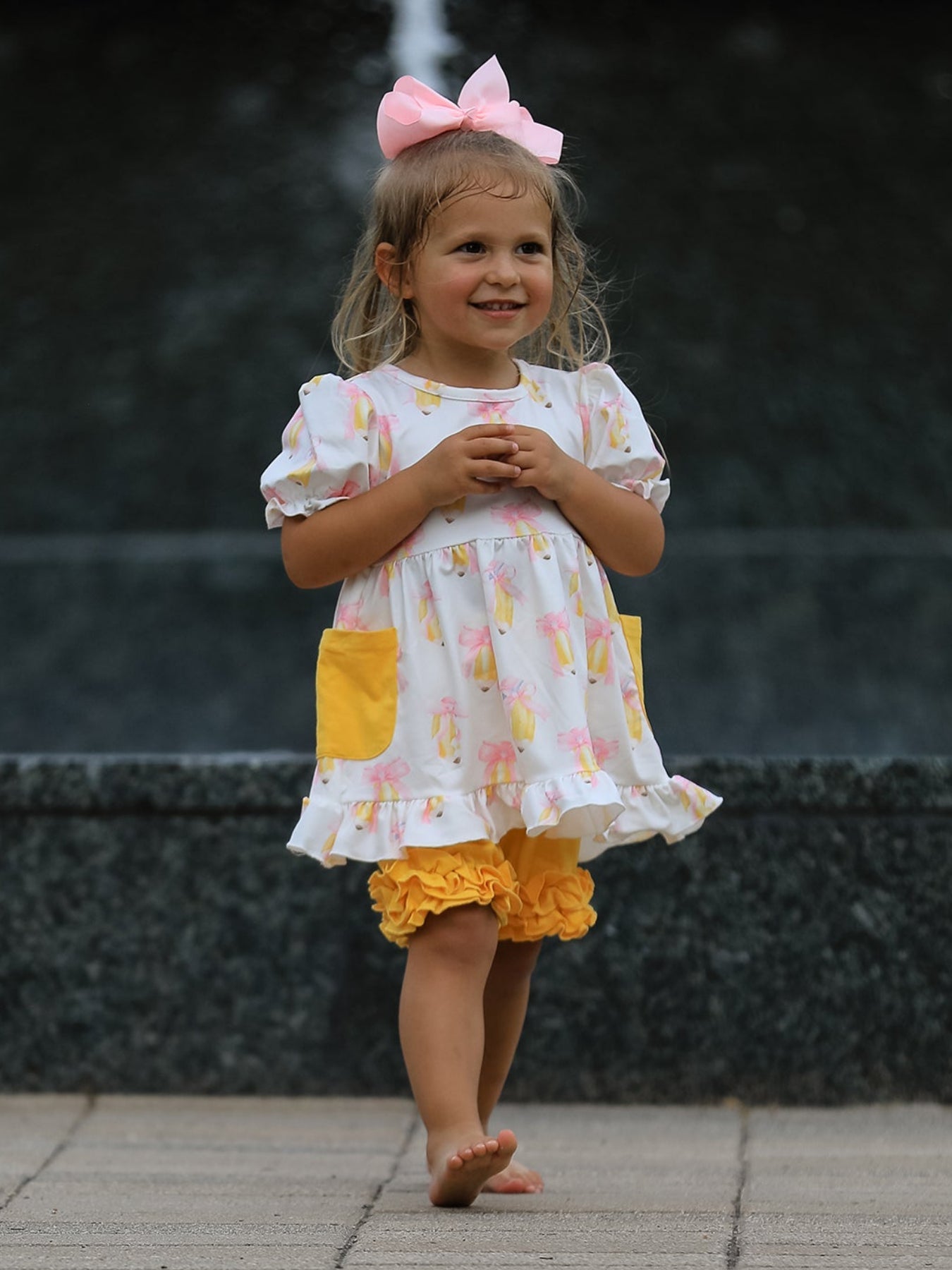 Girls Back To School Pencil Bow Pocket Ruffle Top Shorts Set - Bexa Boutique