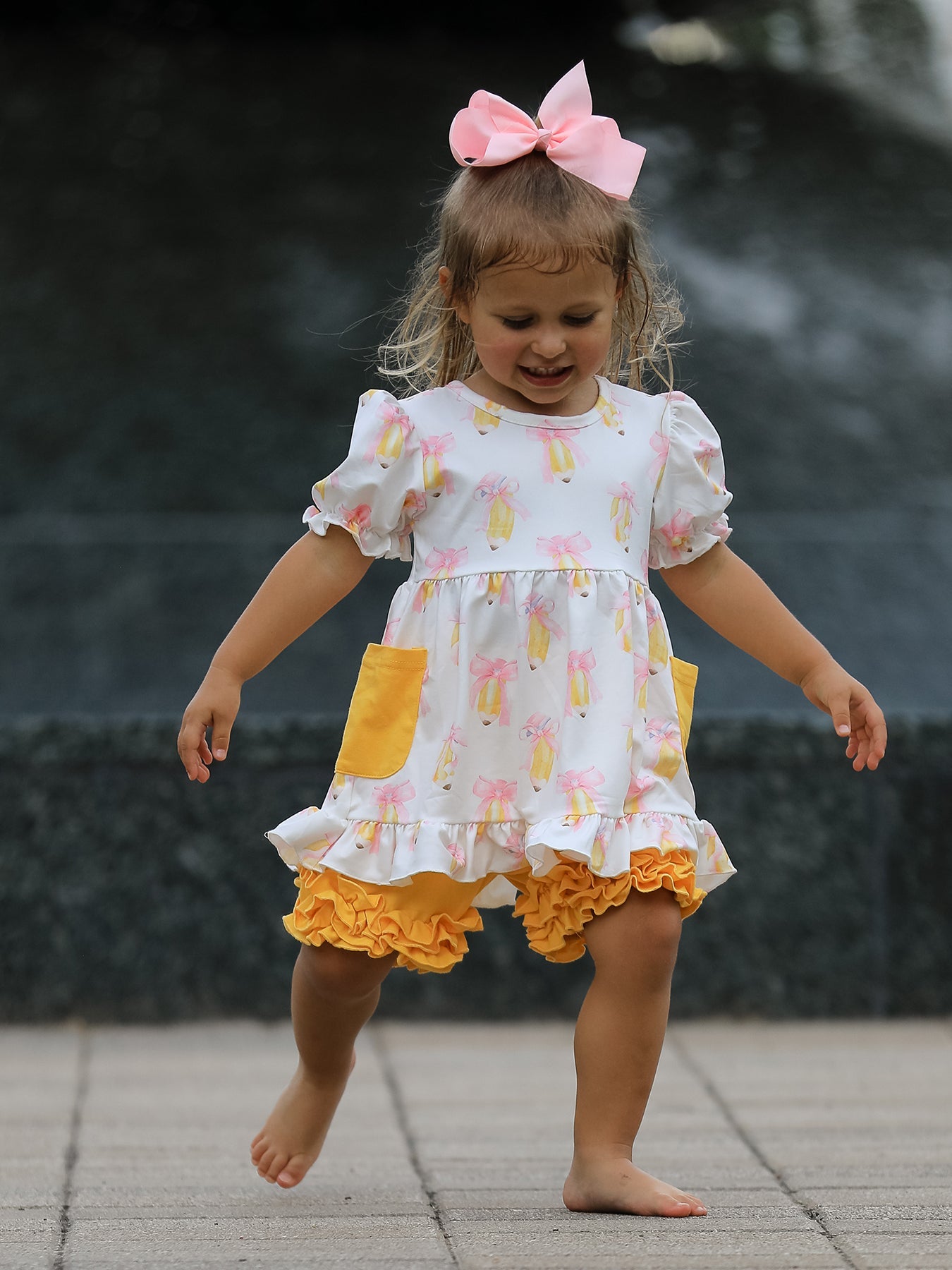 Girls Back To School Pencil Bow Pocket Ruffle Top Shorts Set - Bexa Boutique