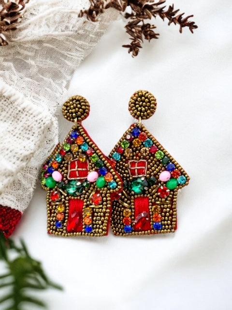Jeweled & Beaded Gingerbread House Dangle Earrings - Bexa Boutique