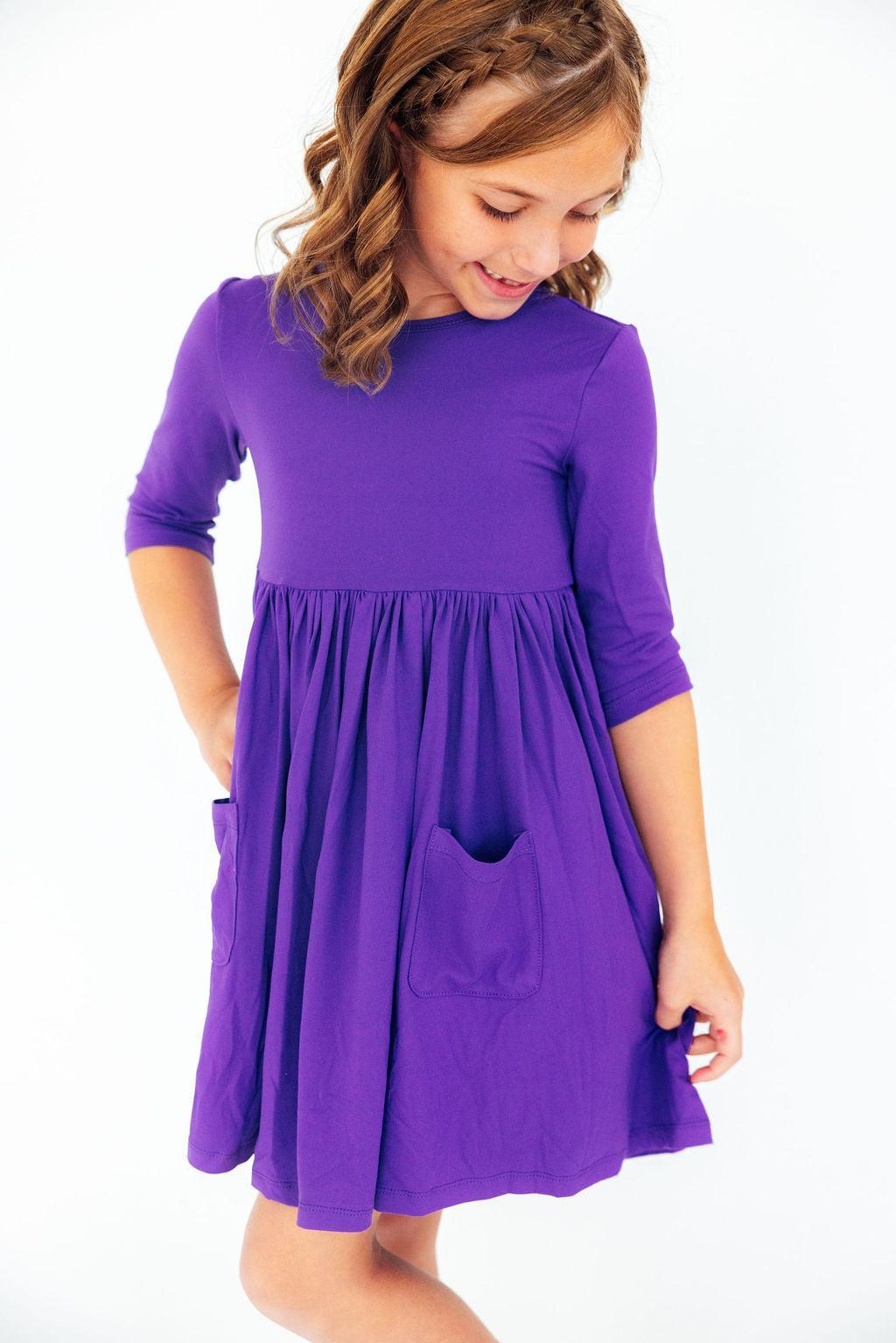 Purple 3/4 Sleeve Pocket Twirl Dress - Bexa Boutique