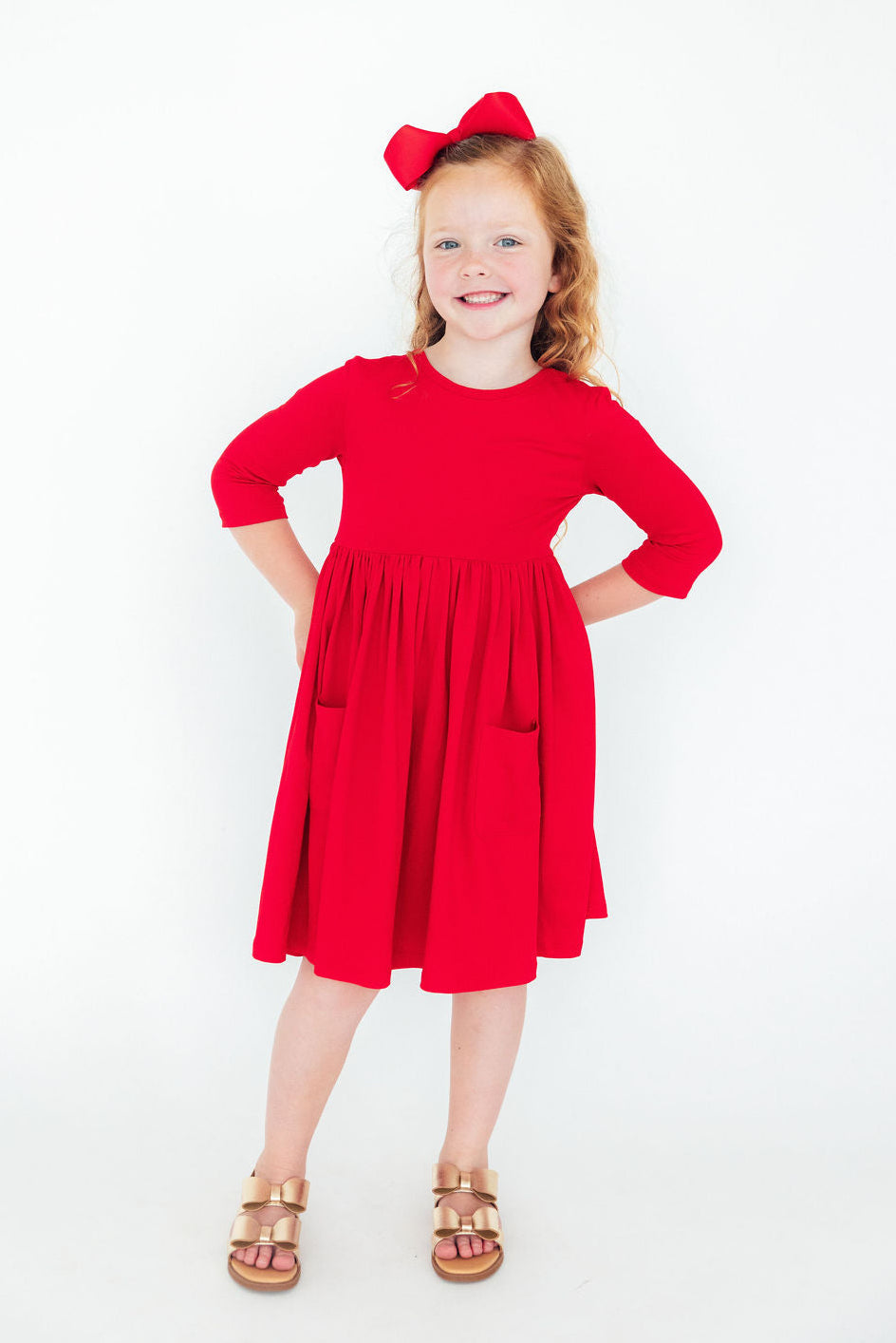Red 3/4 Sleeve Pocket Twirl Dress - Bexa Boutique