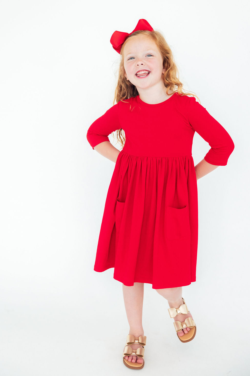 Red 3/4 Sleeve Pocket Twirl Dress - Bexa Boutique