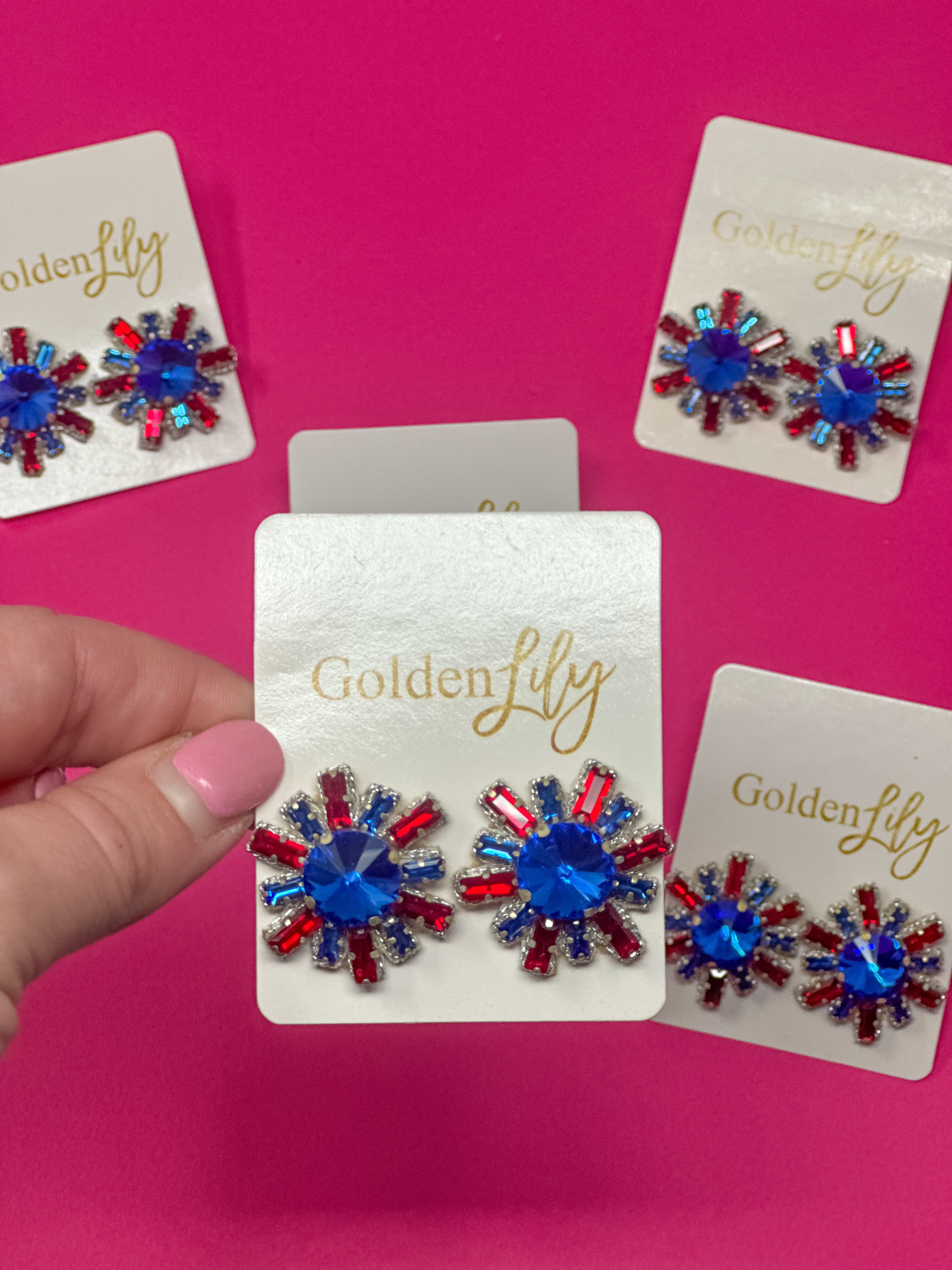 Rhinestone Stud Burst Earrings - Blue with Red, White and Blue - Bexa Boutique