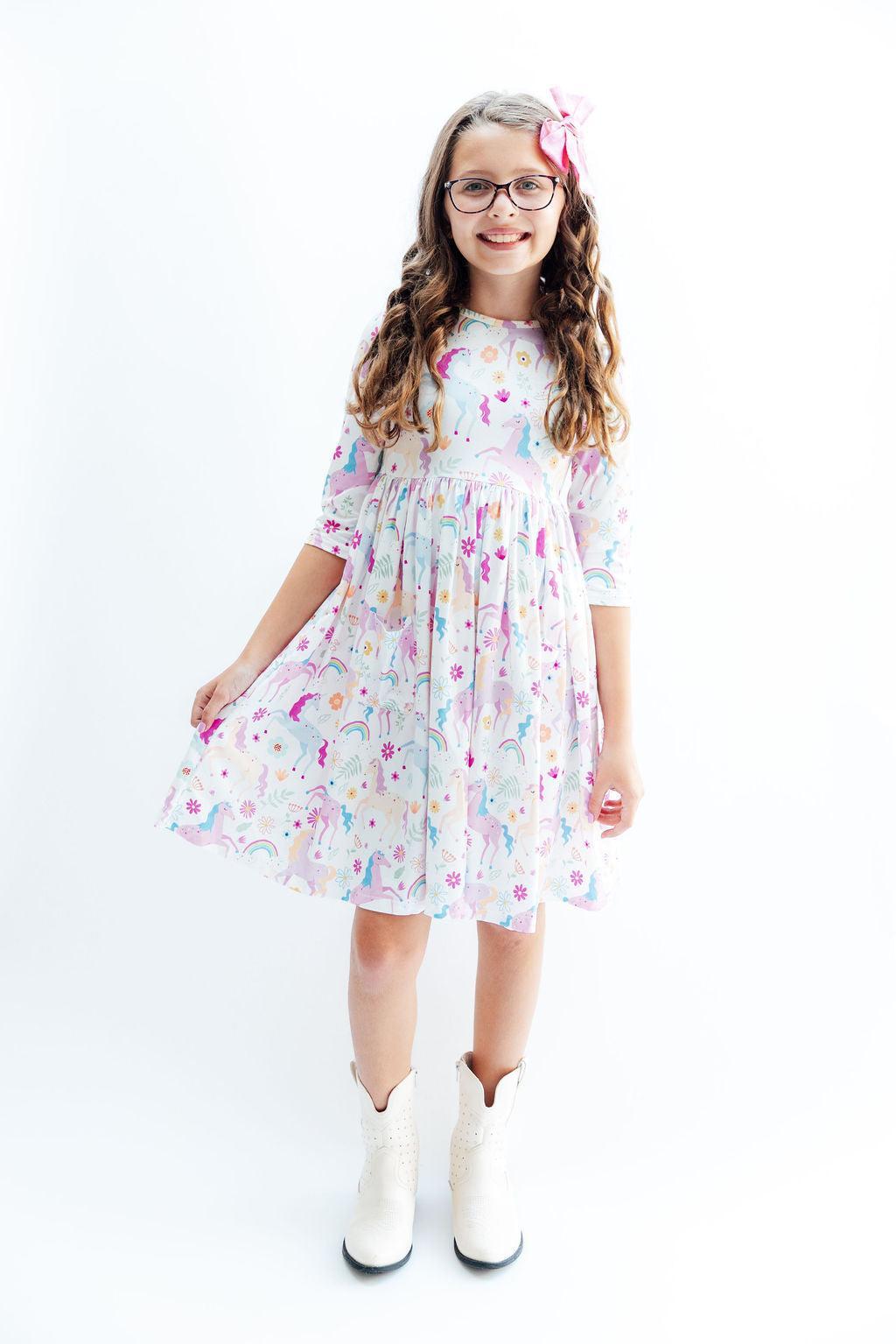 Rainbow Vibes 3/4 Sleeve Pocket Twirl Dress - Bexa Boutique