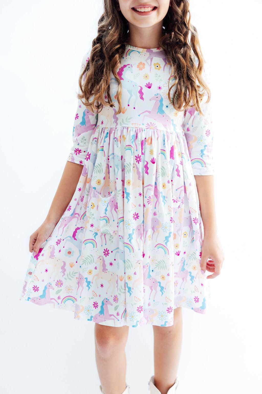 Rainbow Vibes 3/4 Sleeve Pocket Twirl Dress - Bexa Boutique