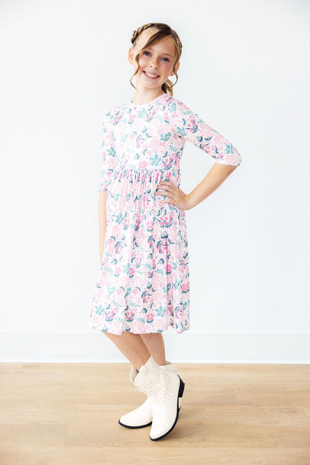 Softly Blooming 3/4 Sleeve Pocket Twirl Dress - Bexa Boutique
