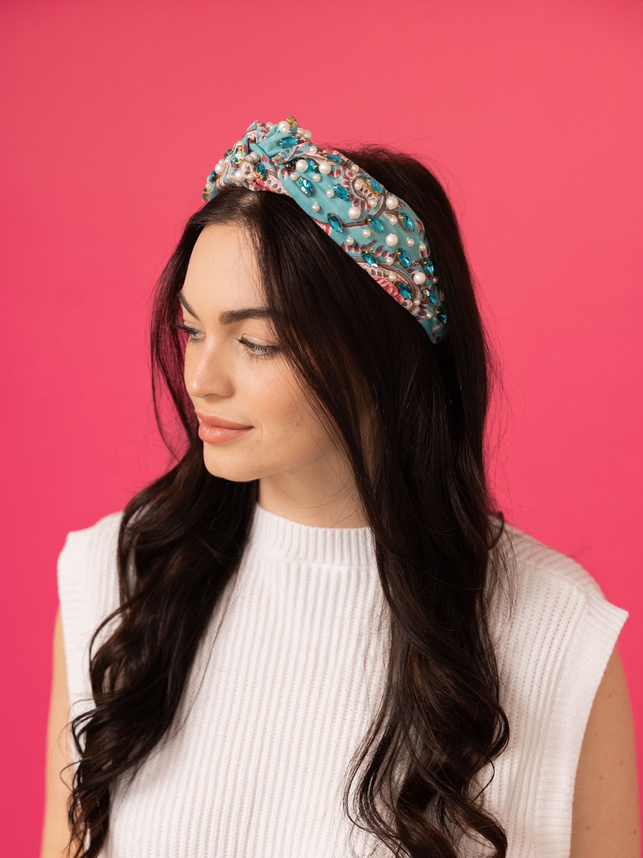 Spring Floral Print Headband - Blue Rhinestone Pink Paisley - Bexa Boutique