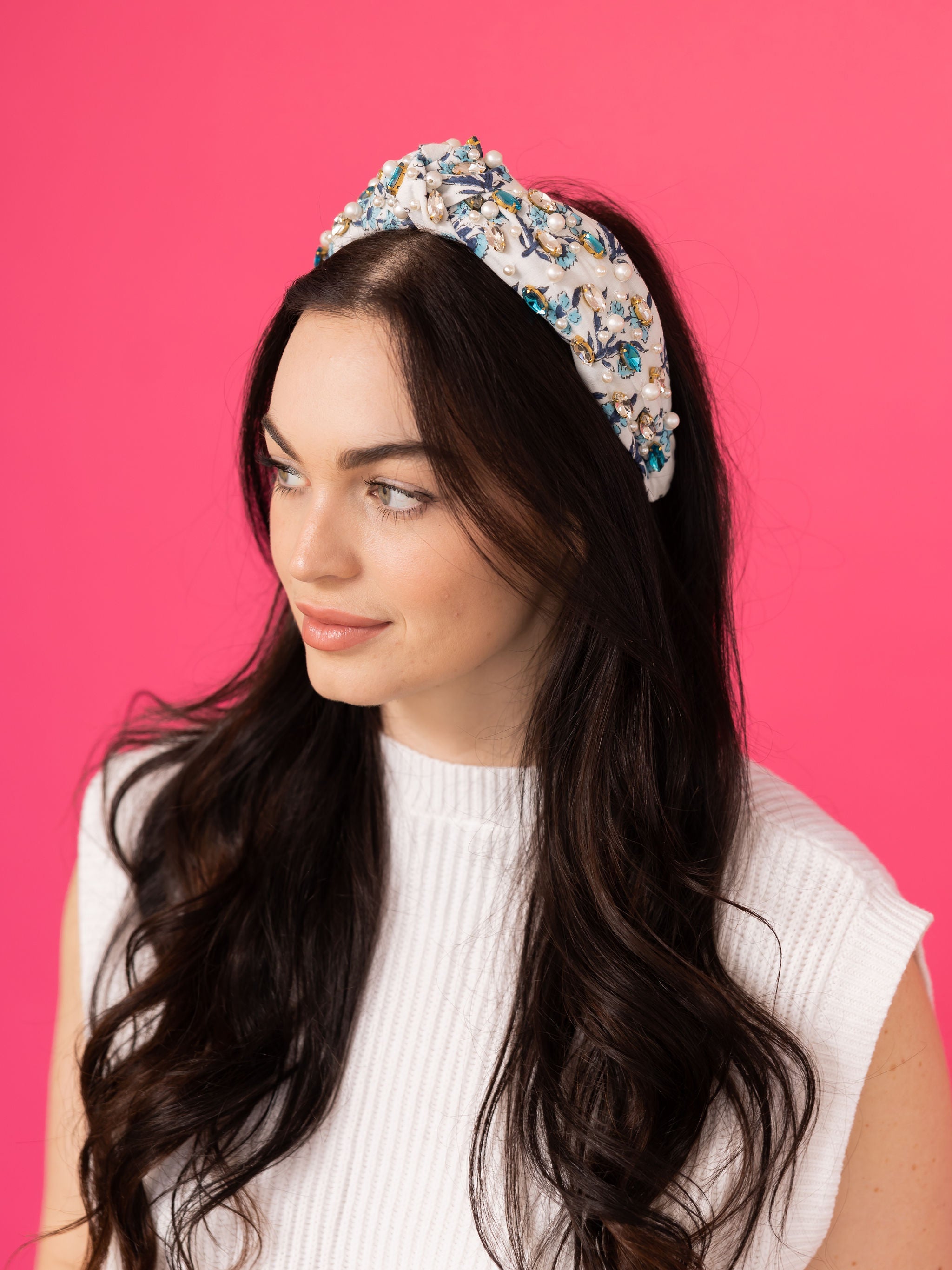 Spring Floral Print Headband - Blue and Clear Rhinestone - Bexa Boutique