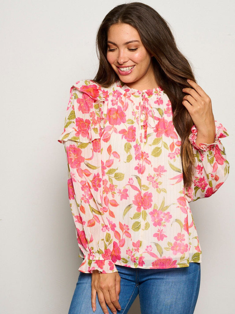 Pink Long Sleeve Ruffle Floral Blouse - floral - Bexa Boutique