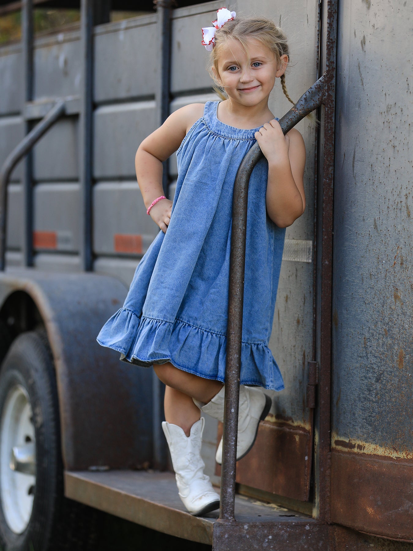 Girls Denim Ruffle Trim A-Line Dress - Light Blue - Bexa Boutique