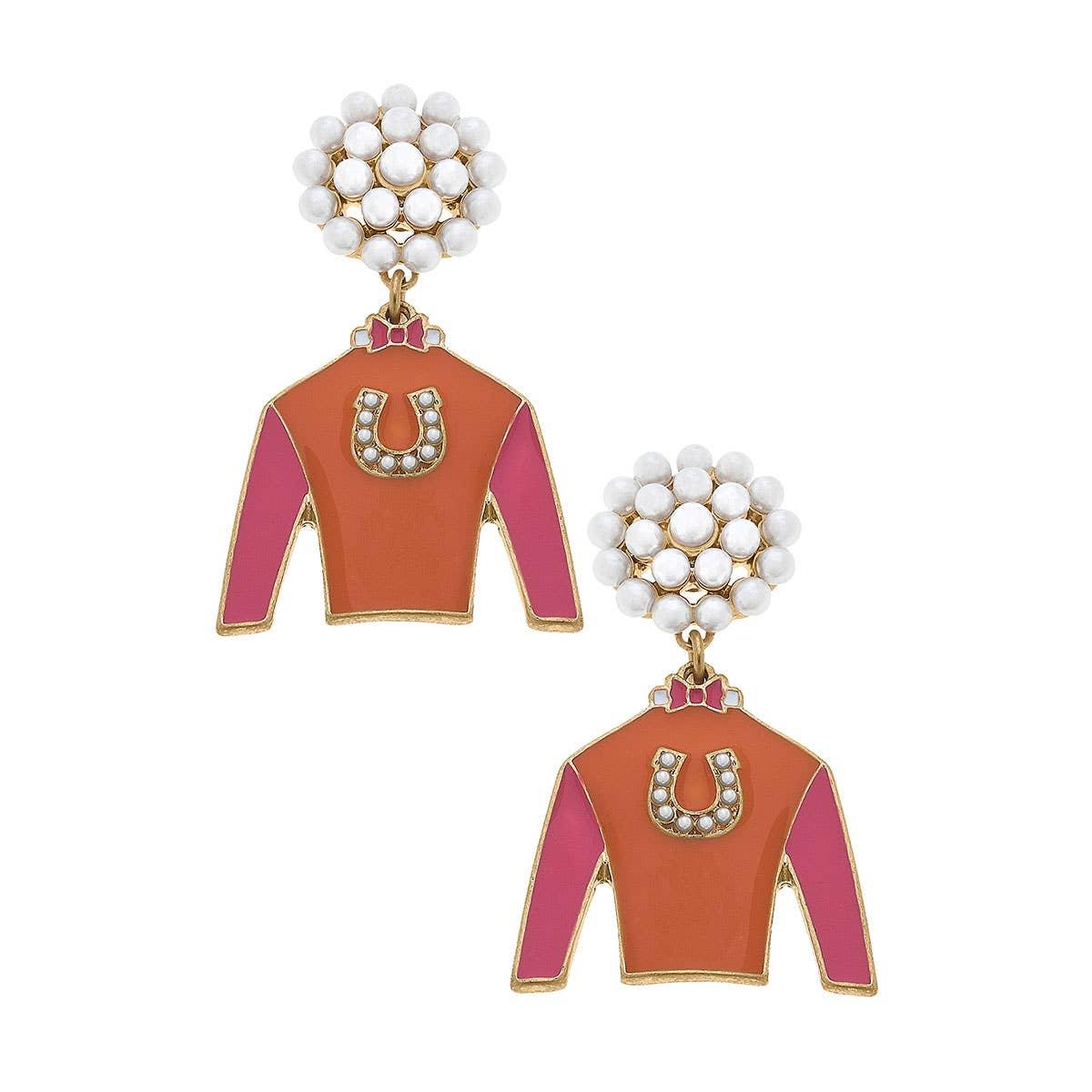 Canvas Style - Riva Ridge Jockey Silk Enamel Drop Earrings in Orange & Pink - Bexa Boutique